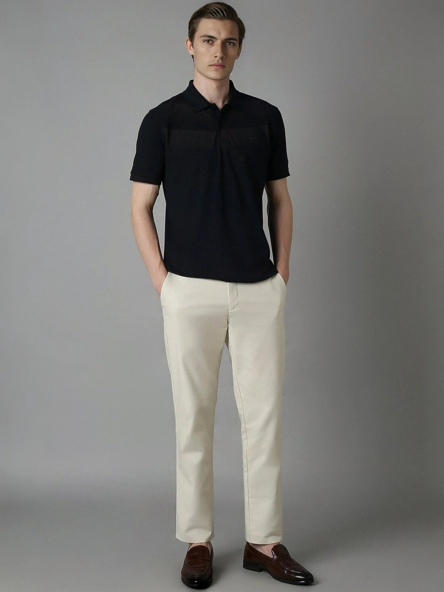 Louis Philippe Black Cotton Regular Fit Self Pattern Polo T-Shirt