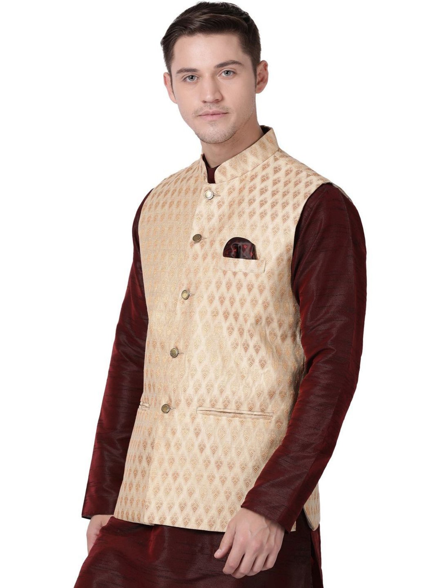 TABARD Beige Regular Self Pattern Nehru Jacket