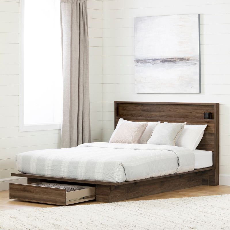 Queen Tao Platform Bed with Drawer Natural Walnut - South Shore