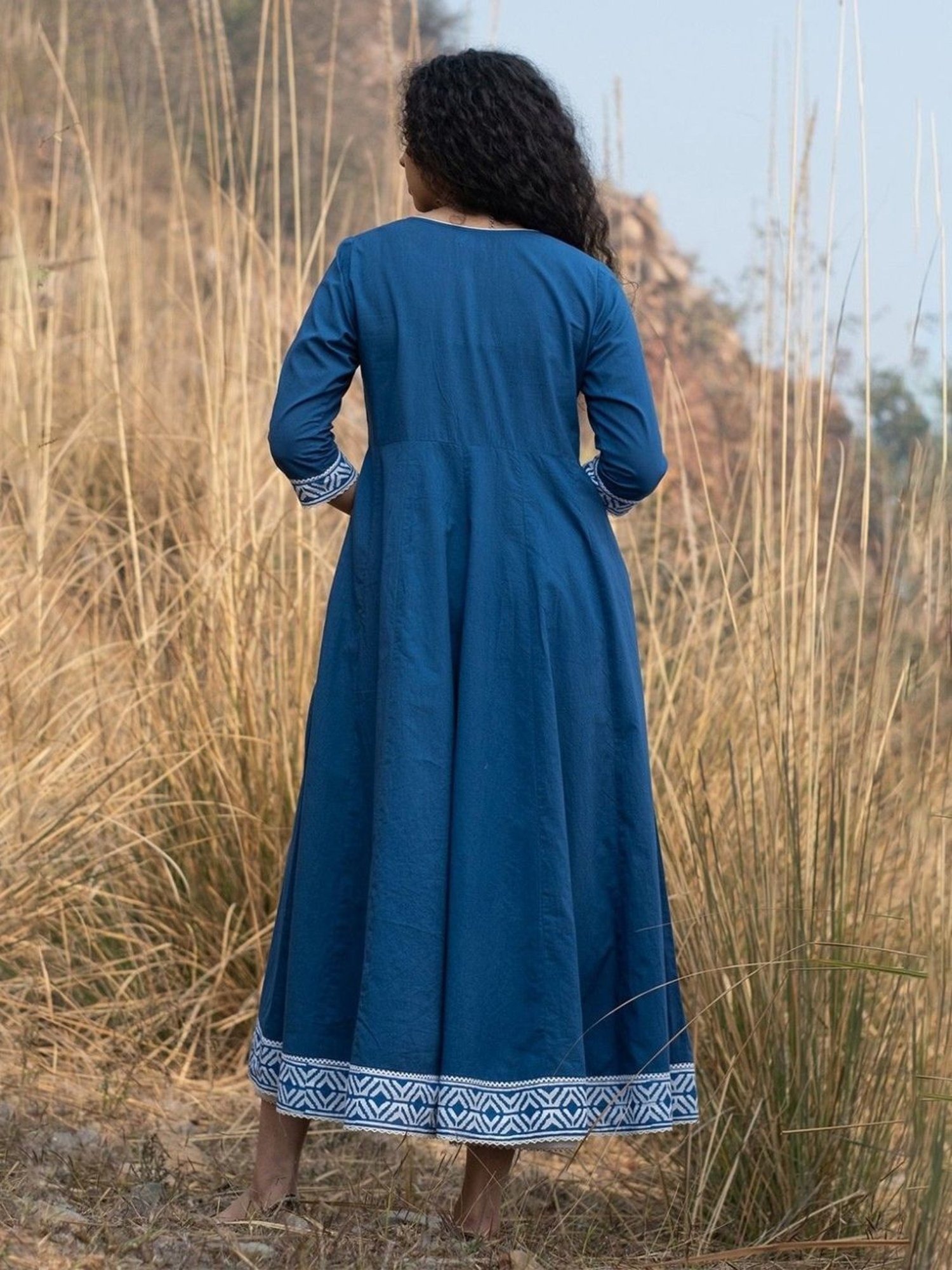Akiso Neela Solid Indigo Anarkali Kurta With Block Print Border And Lace Details