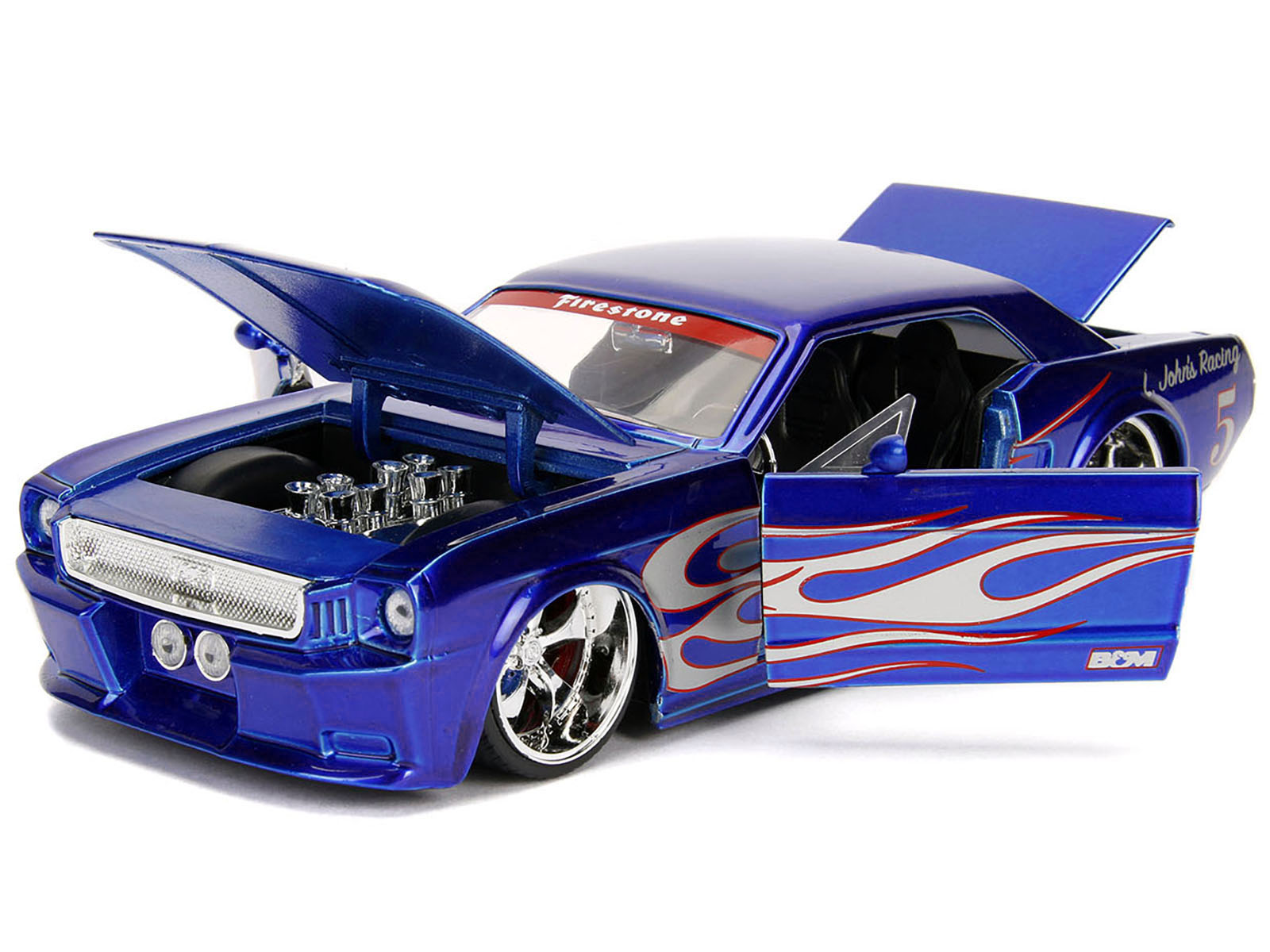 1965 Ford Mustang #5 "L. John's Racing" Candy Blue with Flame Graphics "Bigtime Muscle" Series 1/24 Diecast Model Car by Jada