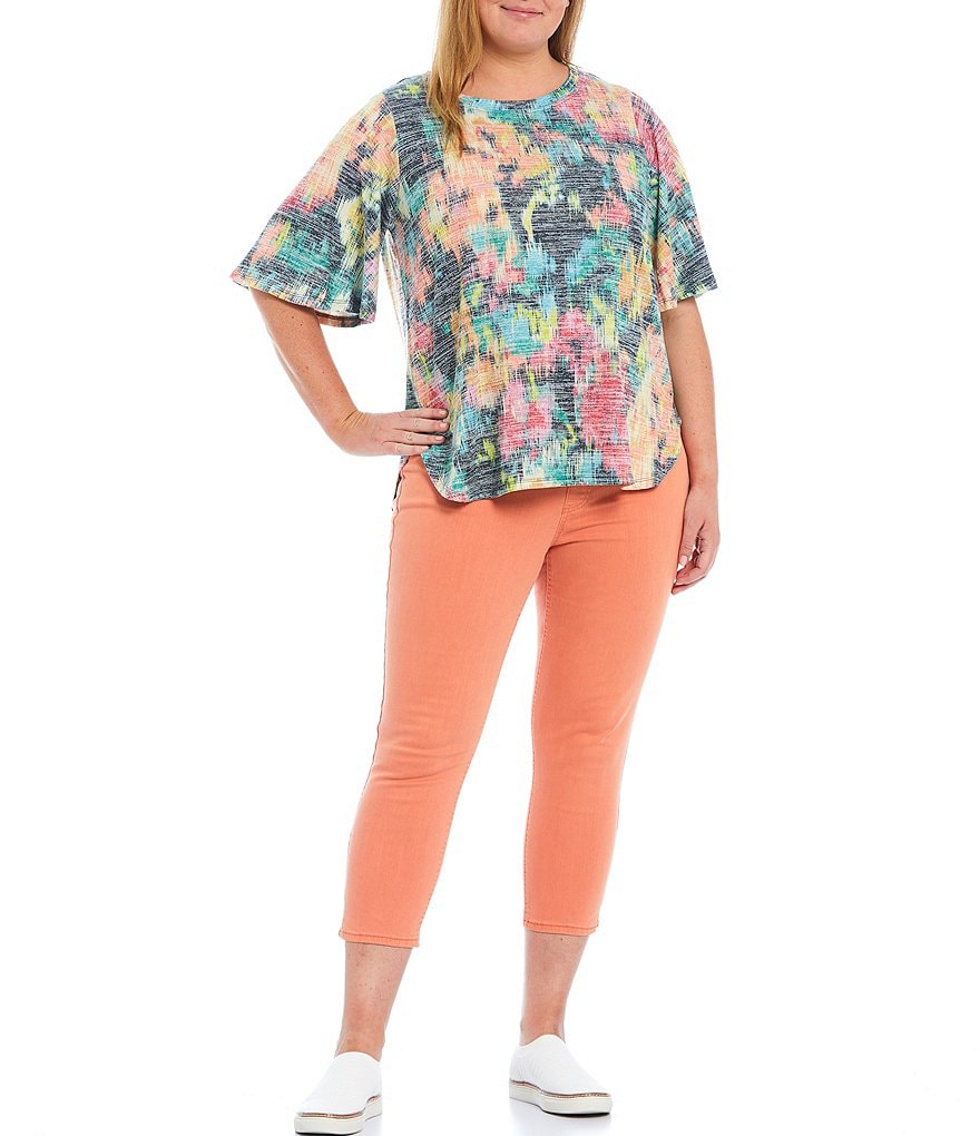 Westbound Plus Size Blur Ikat Print Crew Neck Flounce Short Sleeve Top