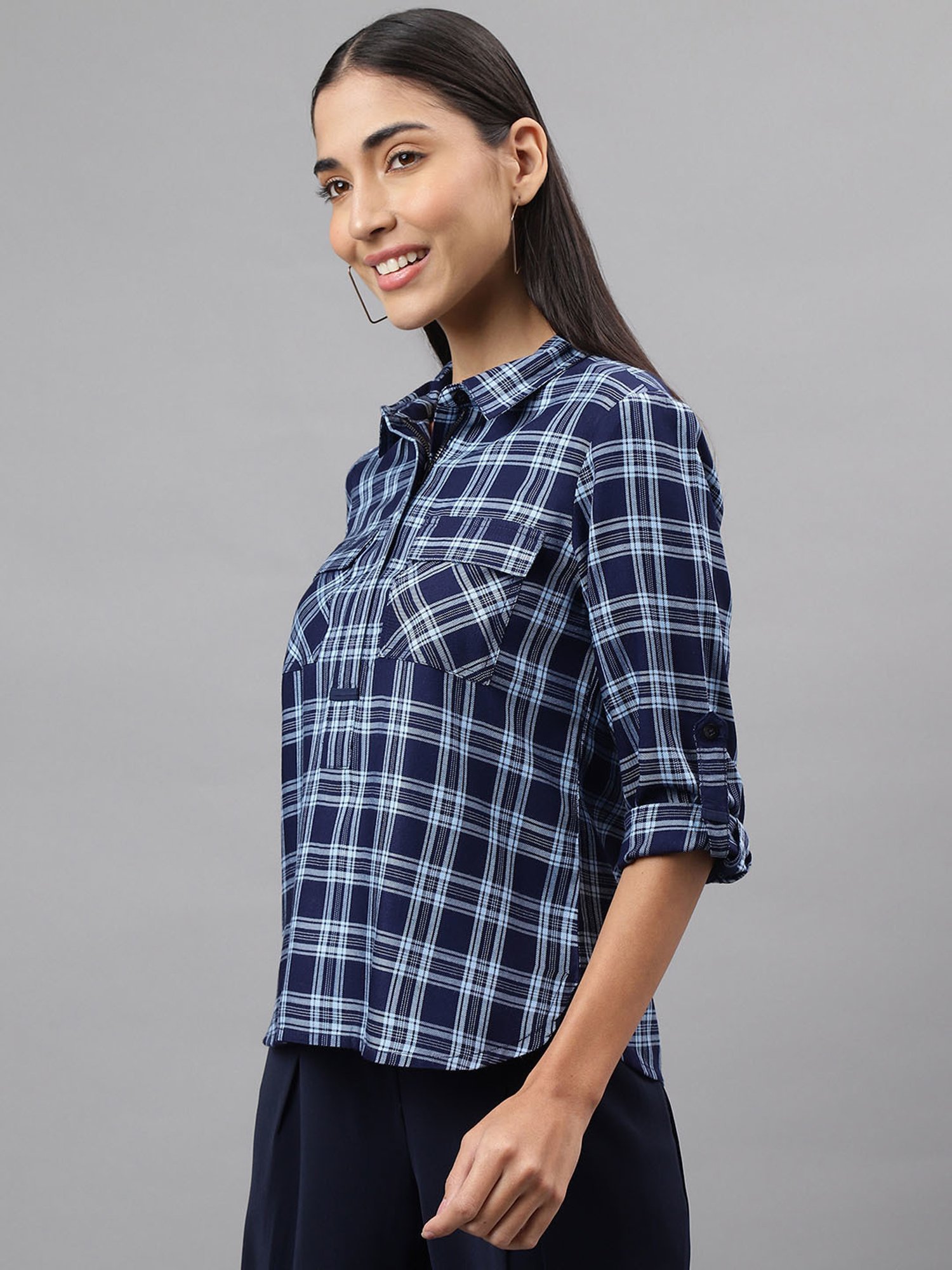 Latin Quarters Navy Check Top