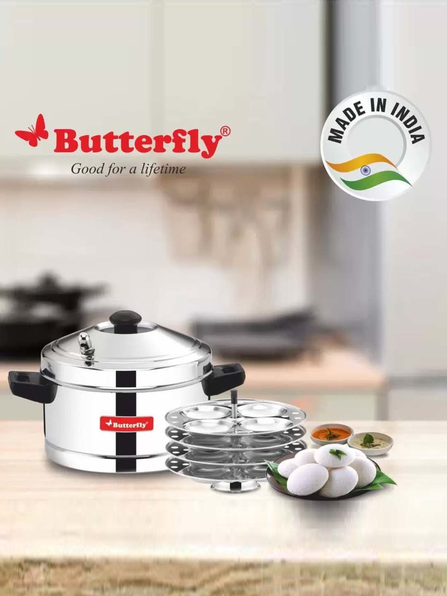 Butterfly Silver Stainless Steel Standard Idli Maker With Friendly Cooker