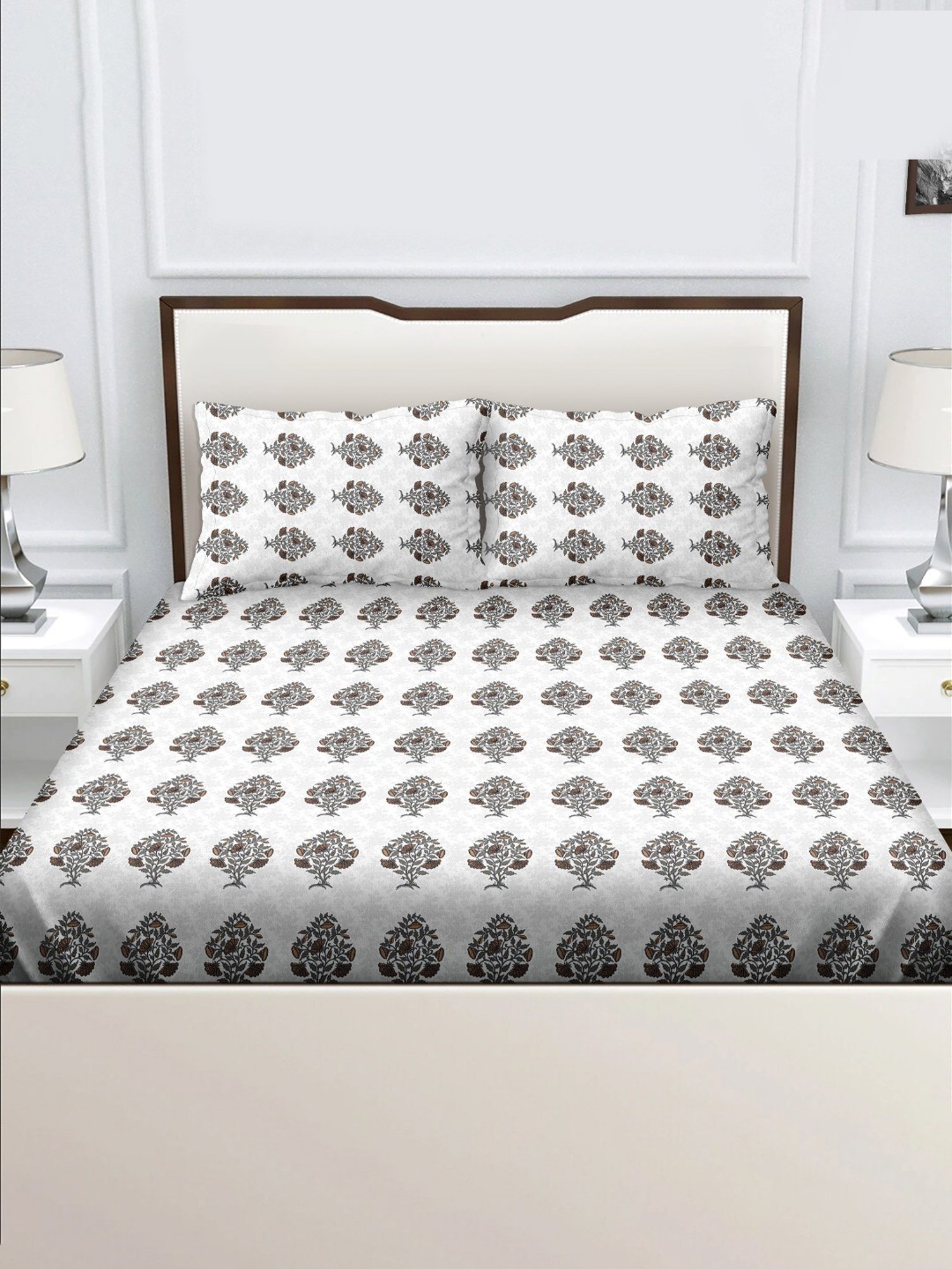 BELLA CASA Genteel Printed Beige 180 TC Cotton King Bedsheet with 2 Pillow Covers