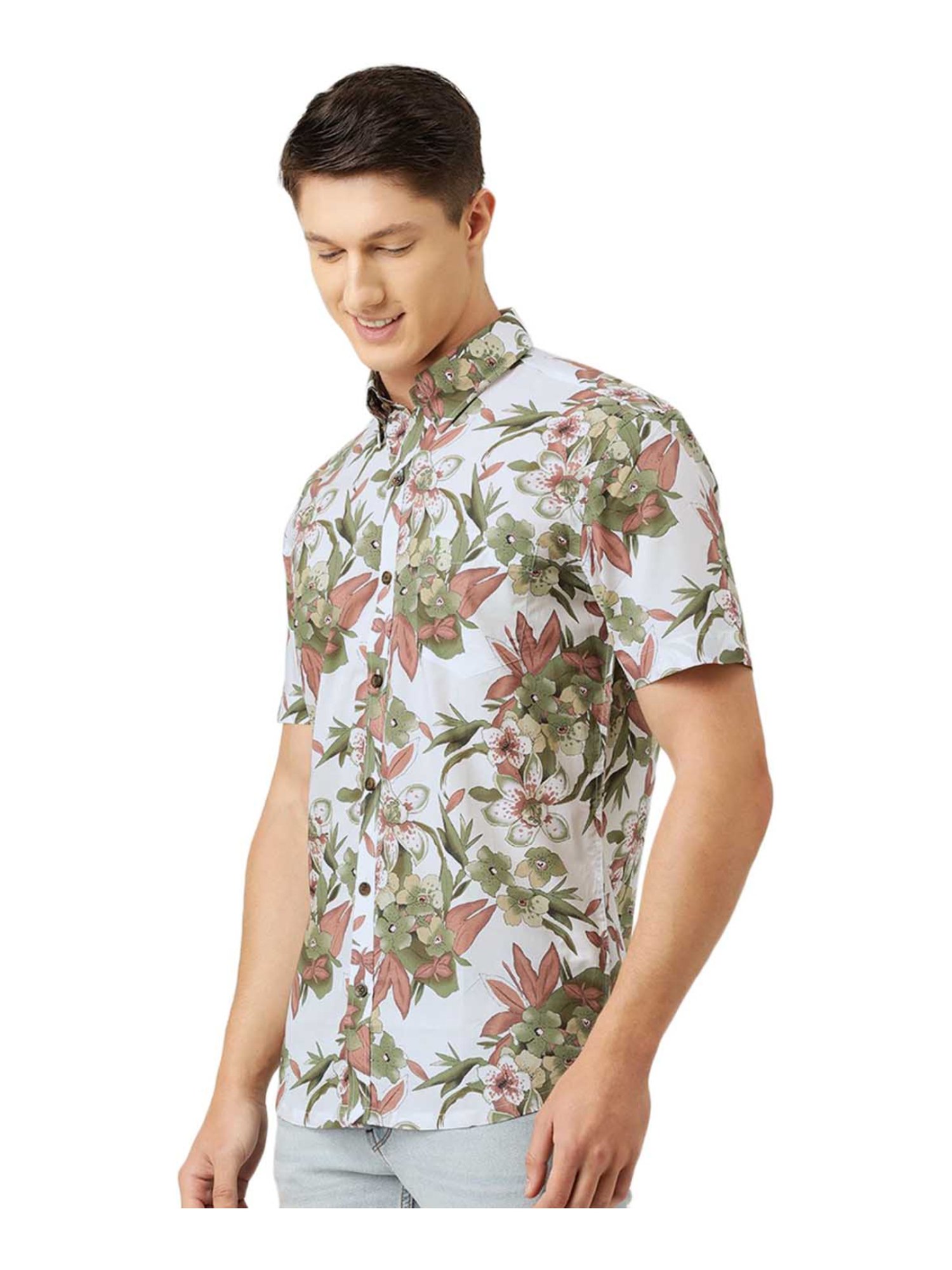 Burnt Umber Green Cotton Regular Fit Floral Print Shirt