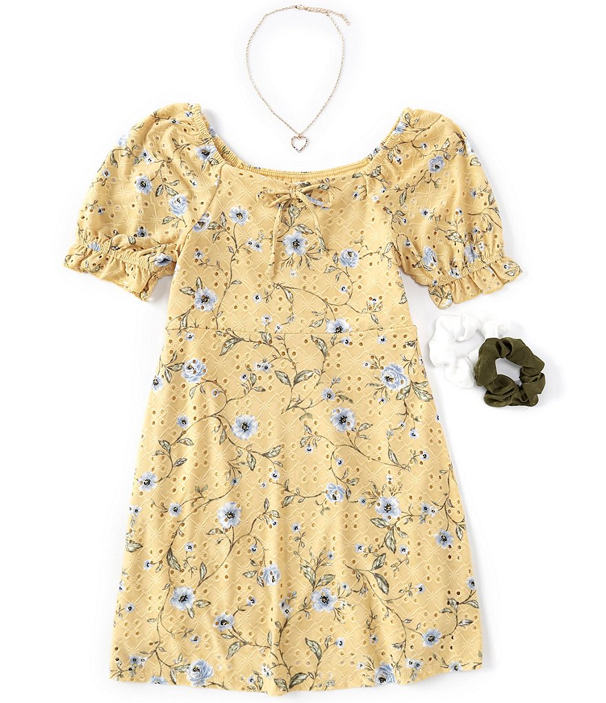 Ally B Big Girls 7-16 Puffed-Sleeve Sweatheart Floral Fit-And-Flare Dress