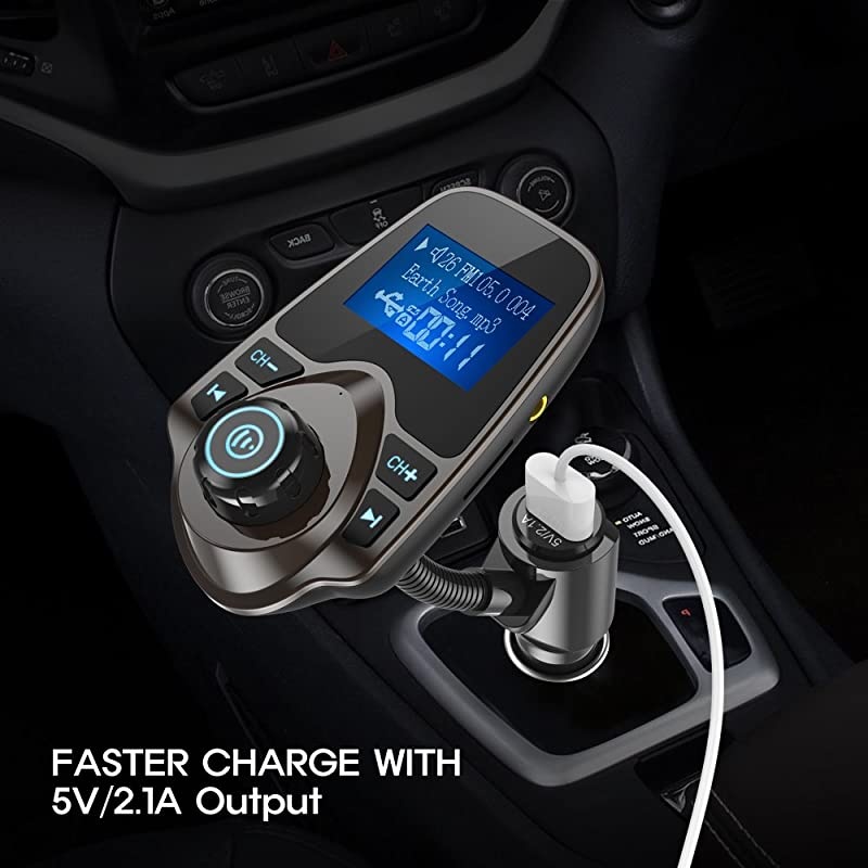 Bluetooth Car FM Transmitter Audio Adapter Receiver Wireless Handsfree Car Kit TF Card AUX 144 Display KM18 Brown
