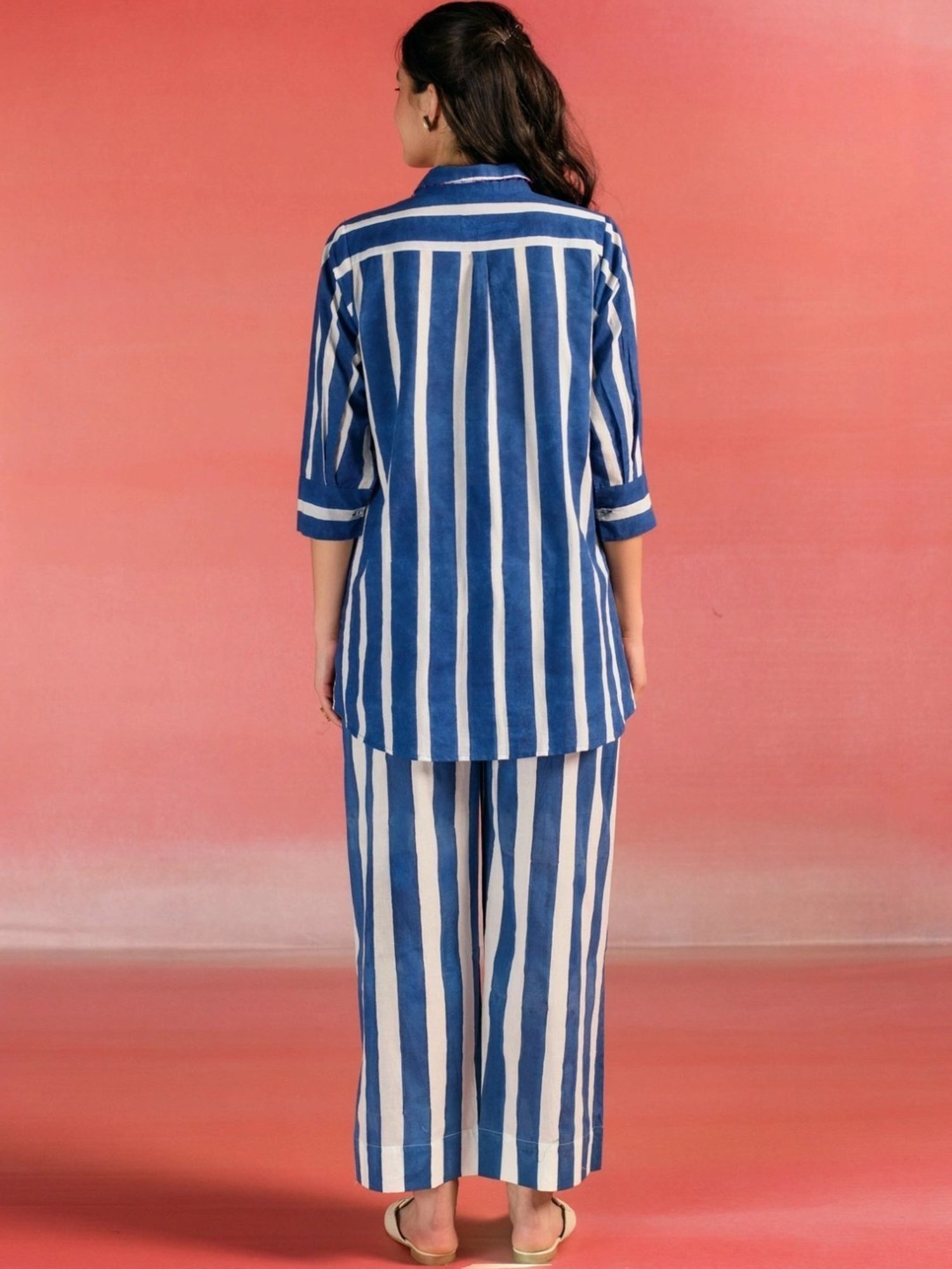 Kameez by Pooja Blue & White Stripes Cotton Shirt with Pant Co-ord Set
