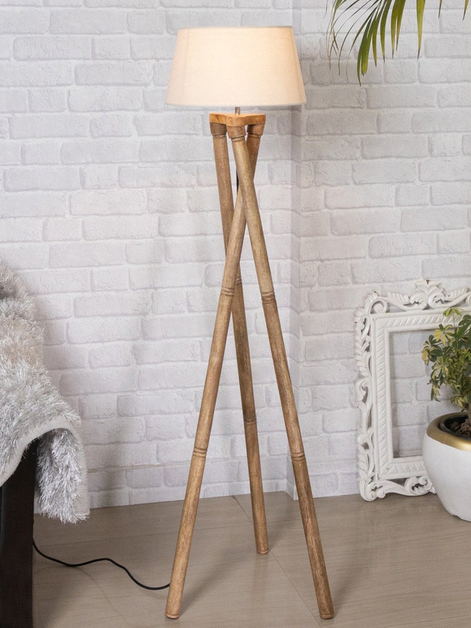 Homesake 'Tripod' Khadi & Brown Wood Cross-Leg Floor Lamp With Shade & Bulb - Set of 1