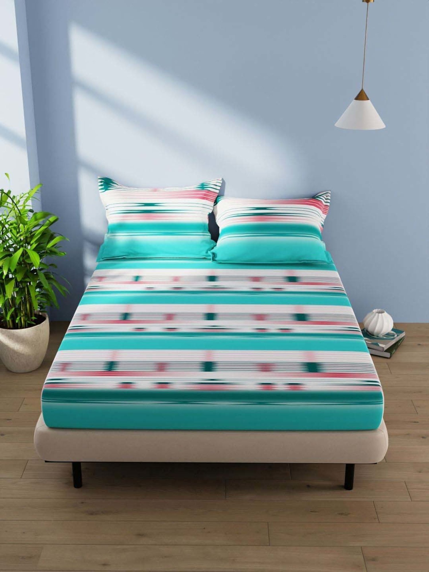 BIANCA Serina Sea Green Cotton 144 TC Double Size Bed Sheet With Pillow covers