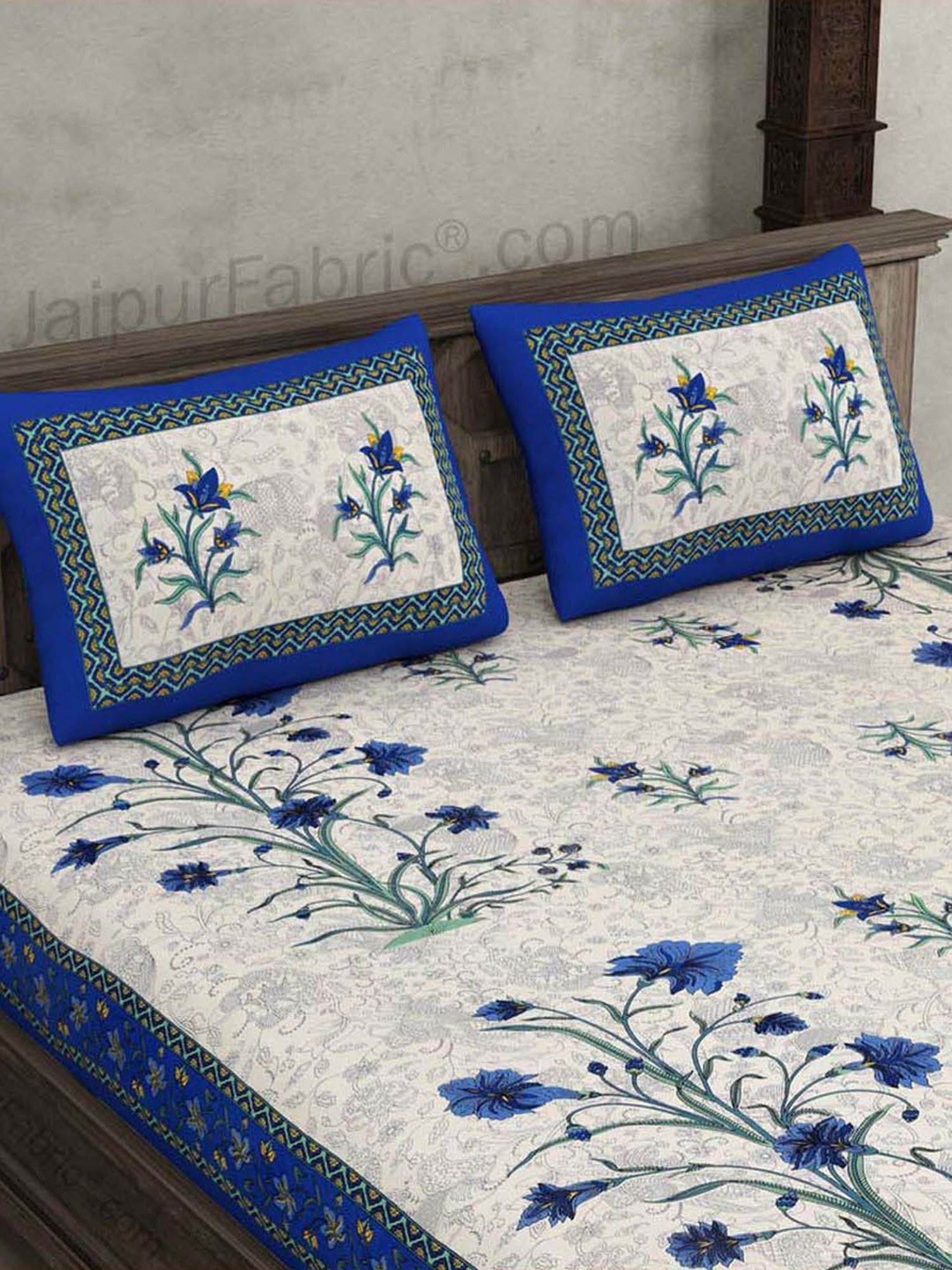 JaipurFabric Blue & Green 100% Pure Cotton 150 TC Double Bedsheet with 2 Pillow Covers
