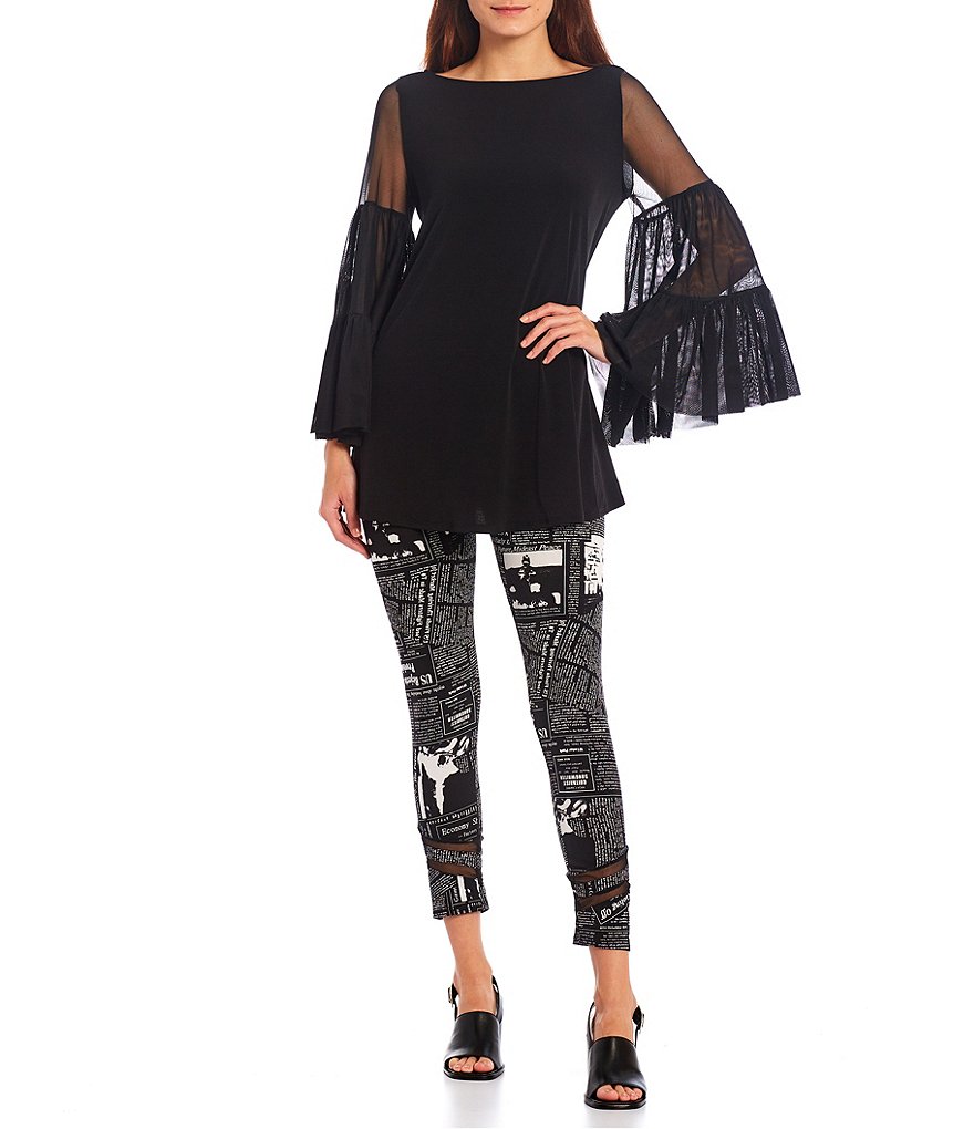 IC Collection Tiered Layer Mesh Bell Long Sleeve Boat Neck Knit Top