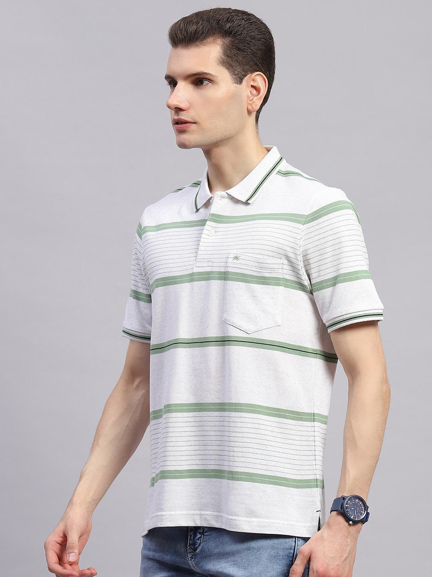 Monte Carlo Green Regular Fit Striped Polo T-Shirt