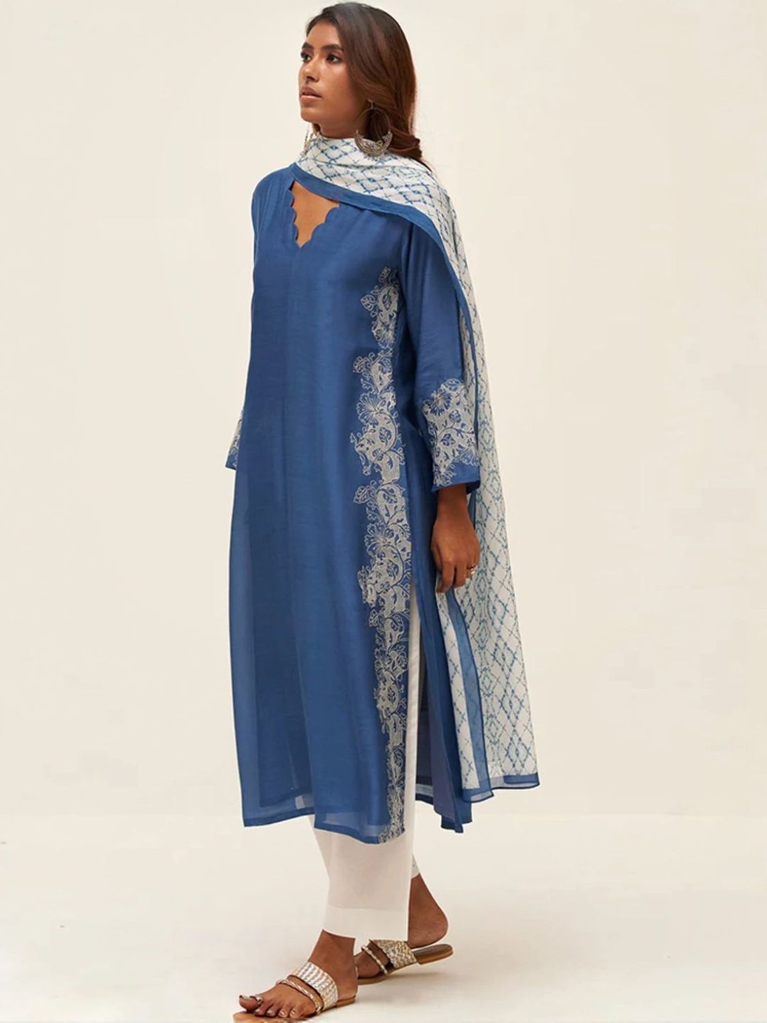 Ganga Fashions Blue & White Dhoop Embroidered Kurta with Salwar and Dupatta