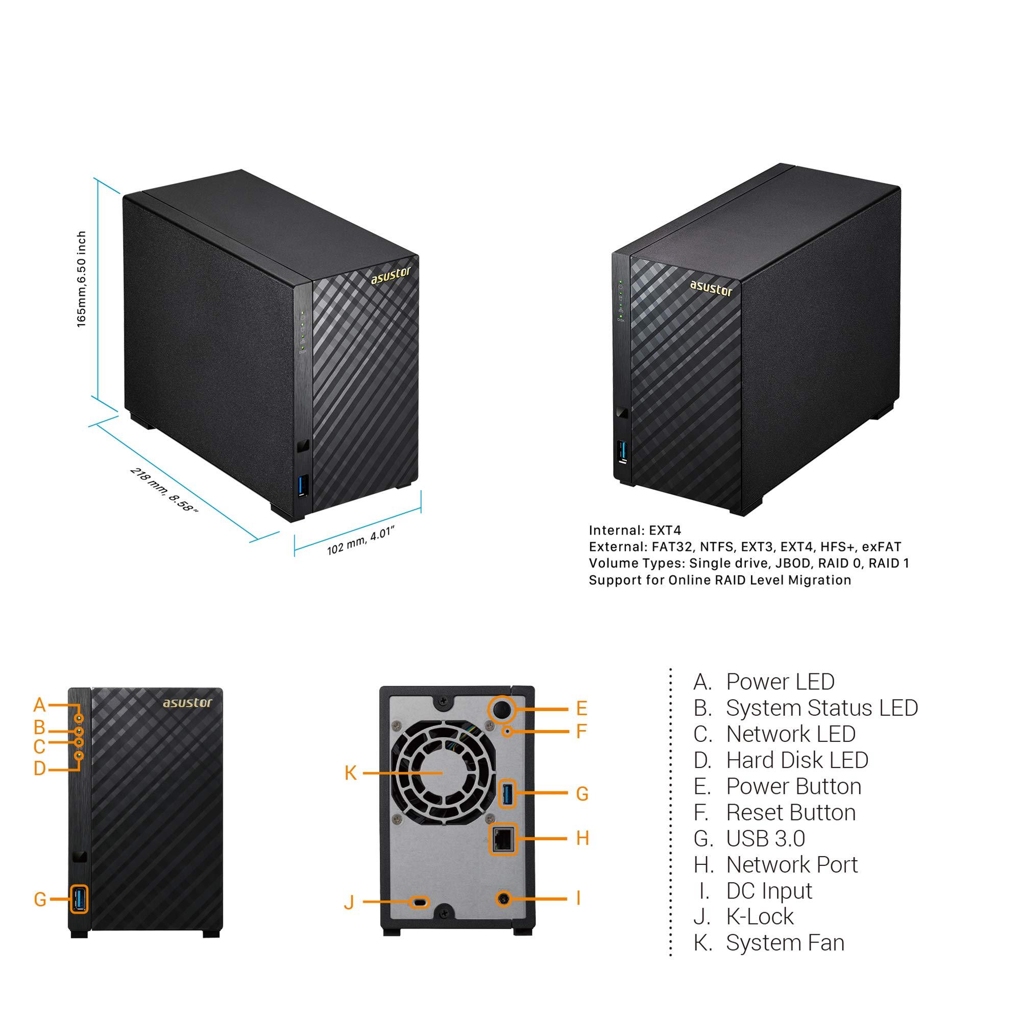 Asustor AS1002T v2 | Network Attached Storage + Free exFAT License | 1.6GHz Dual-Core, 512MB RAM | Personal Private Cloud | Home Media Server (2 Bay Diskless NAS)
