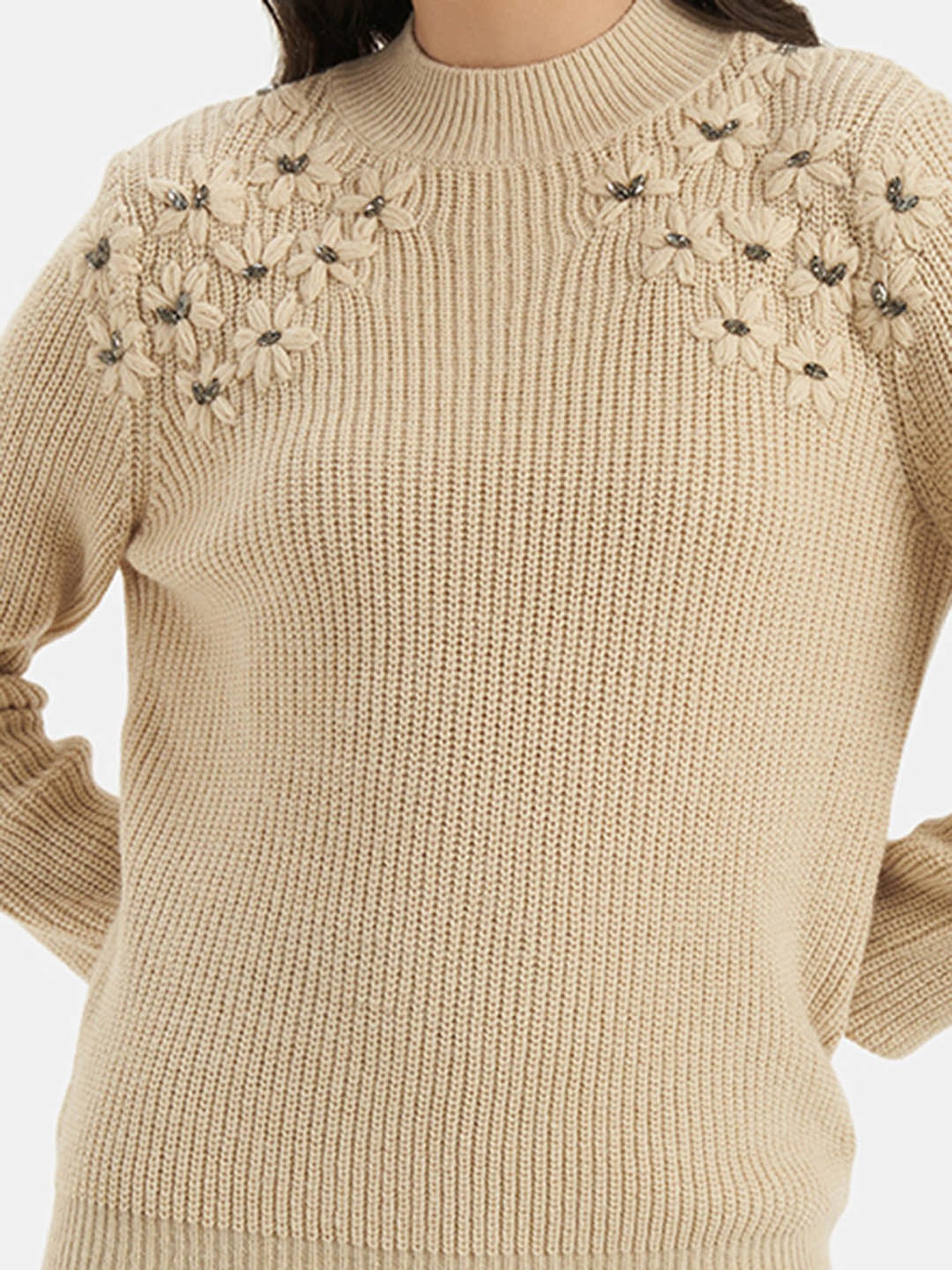 Kazo Beige Floral Embellished Pullover
