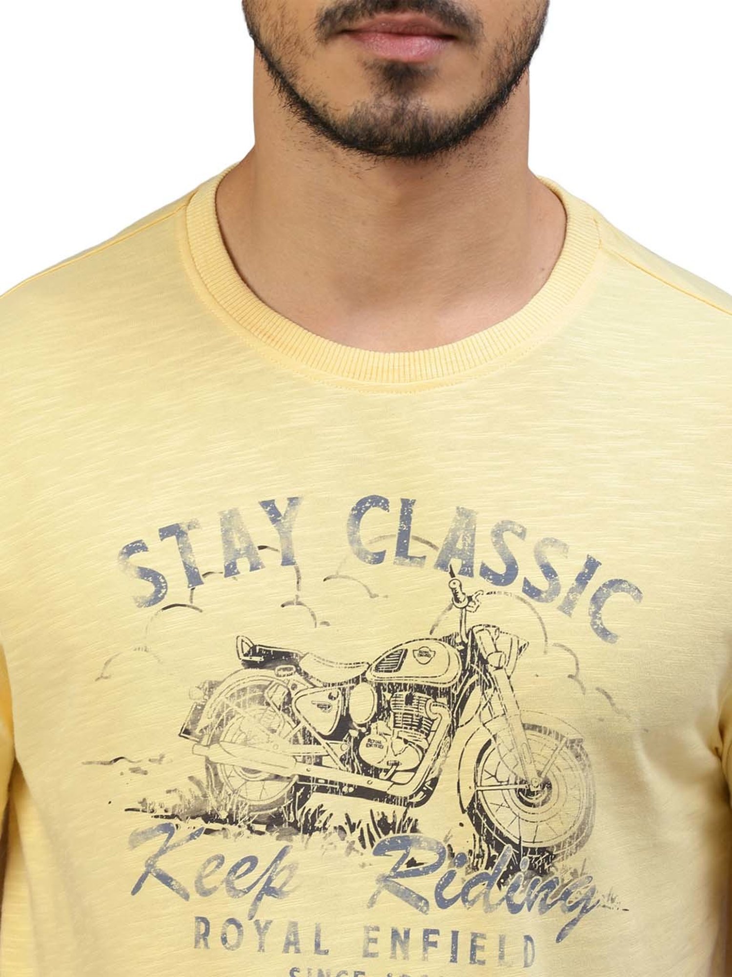 Royal Enfield Ride On Light Yellow Regular Fit Printed Crew T-Shirt