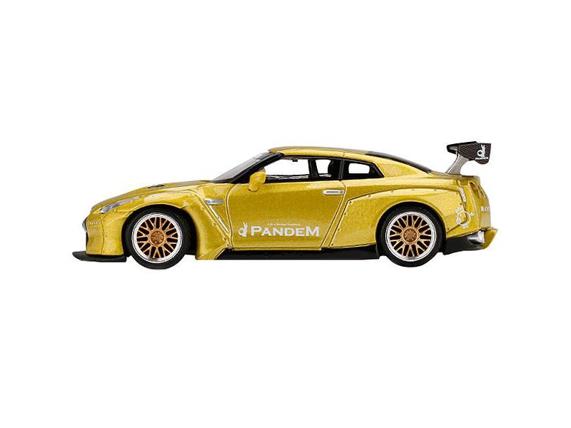 Nissan GT-R (R35) Pandem with GT Wing Cosmopolitan Yellow Metallic with Gold Wheels Ltd Ed 1800 pcs 1/64 Diecast Model Car by True Scale Miniatures