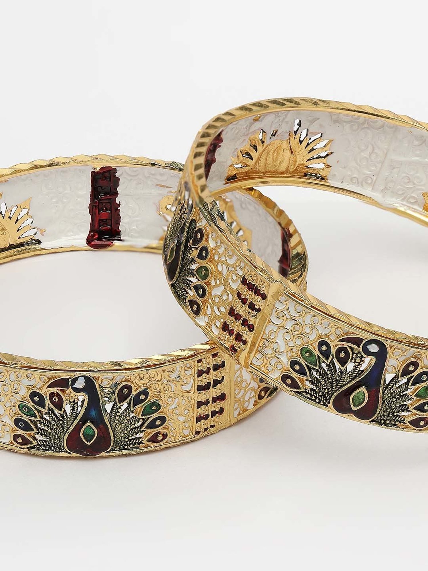 NVR Women Set of 2 Gold-Plated Peacock Design Meenakari Handcrafted Bangles