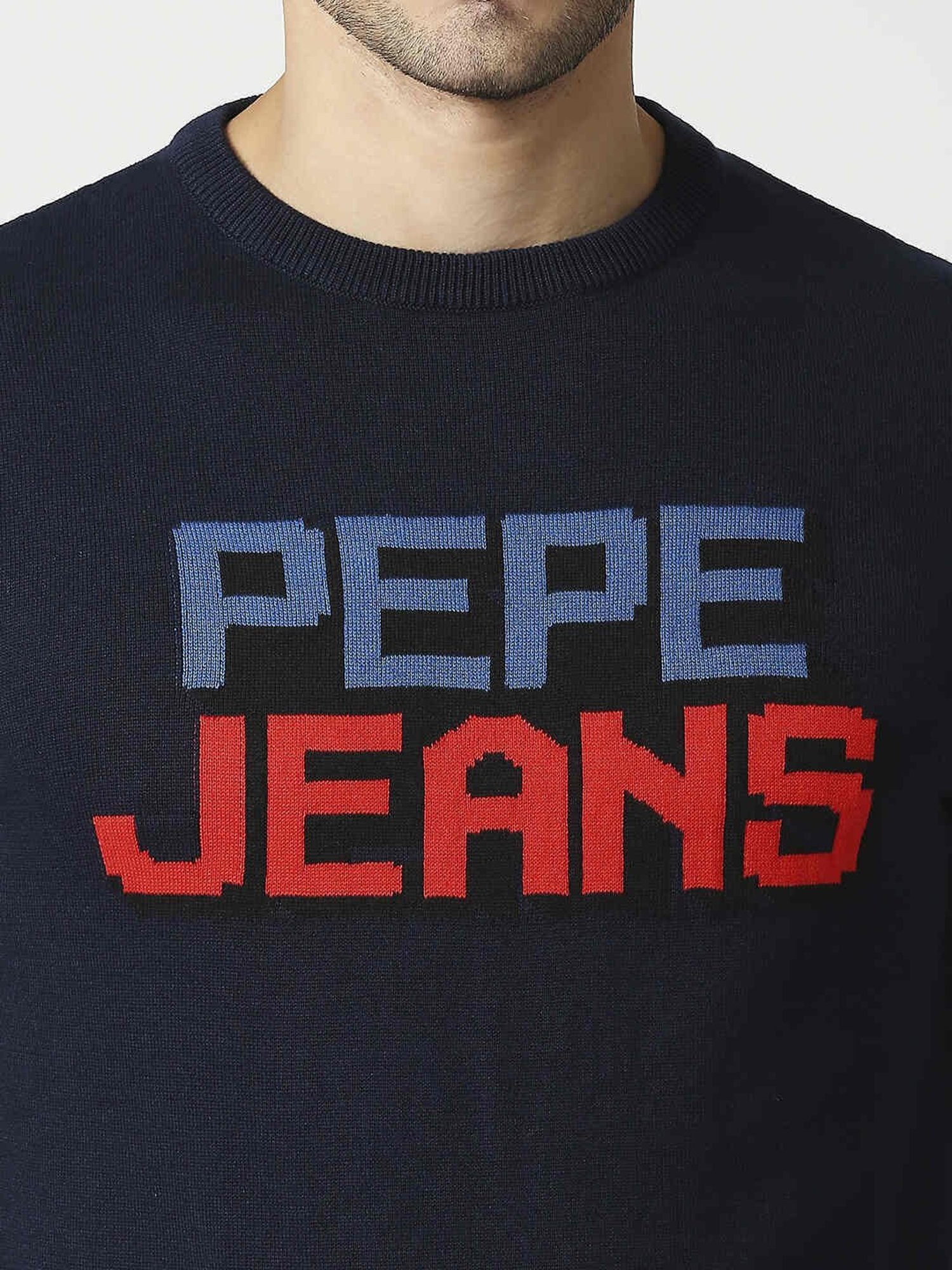Pepe Jeans Blue Cotton Regular Fit Self Pattern Sweaters