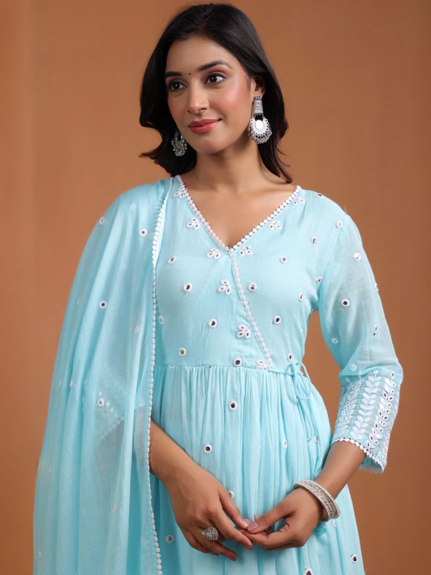 SCAKHI Aqua Blue Mulmul Foilage Mirror Embroidered Angrakha Kurta With Pants And Dupatta