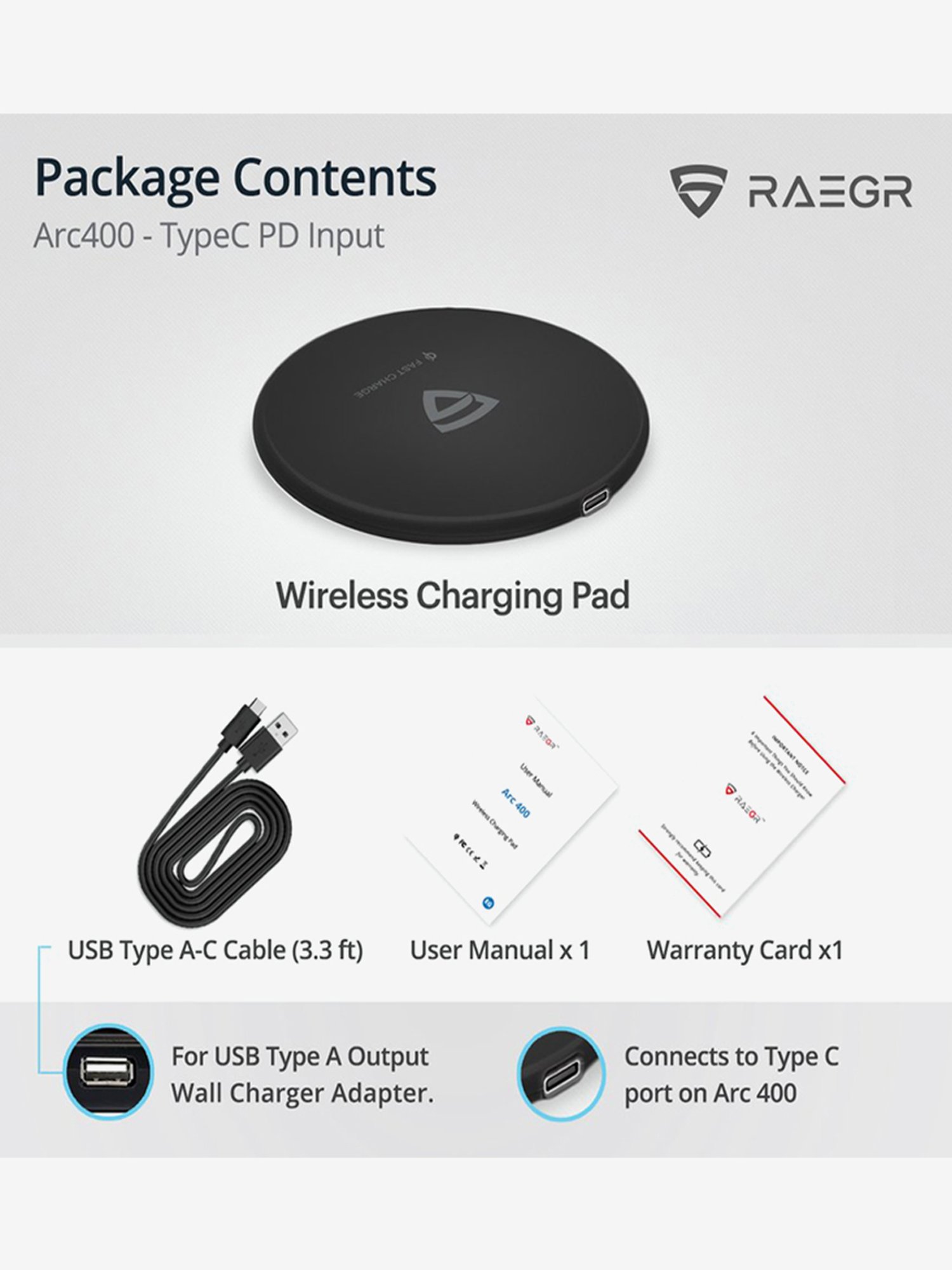 RAEGR Arc 400 RG10121 Type-C PD Qi Certified Wireless Charger (Matte Black)