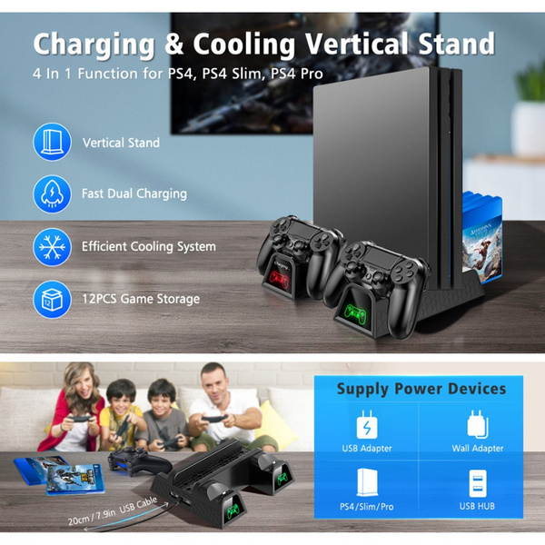 OIVO Multifunctional Vertical Cooling Stand for PS4/ PS4 Slim/ PS4 Pro, PS4 Controller Charger with LED Indicators,PS4 Cooler Stand,Charging Dock Station with 12PCS Games Storage for PS4,PS4 Slim,PS4