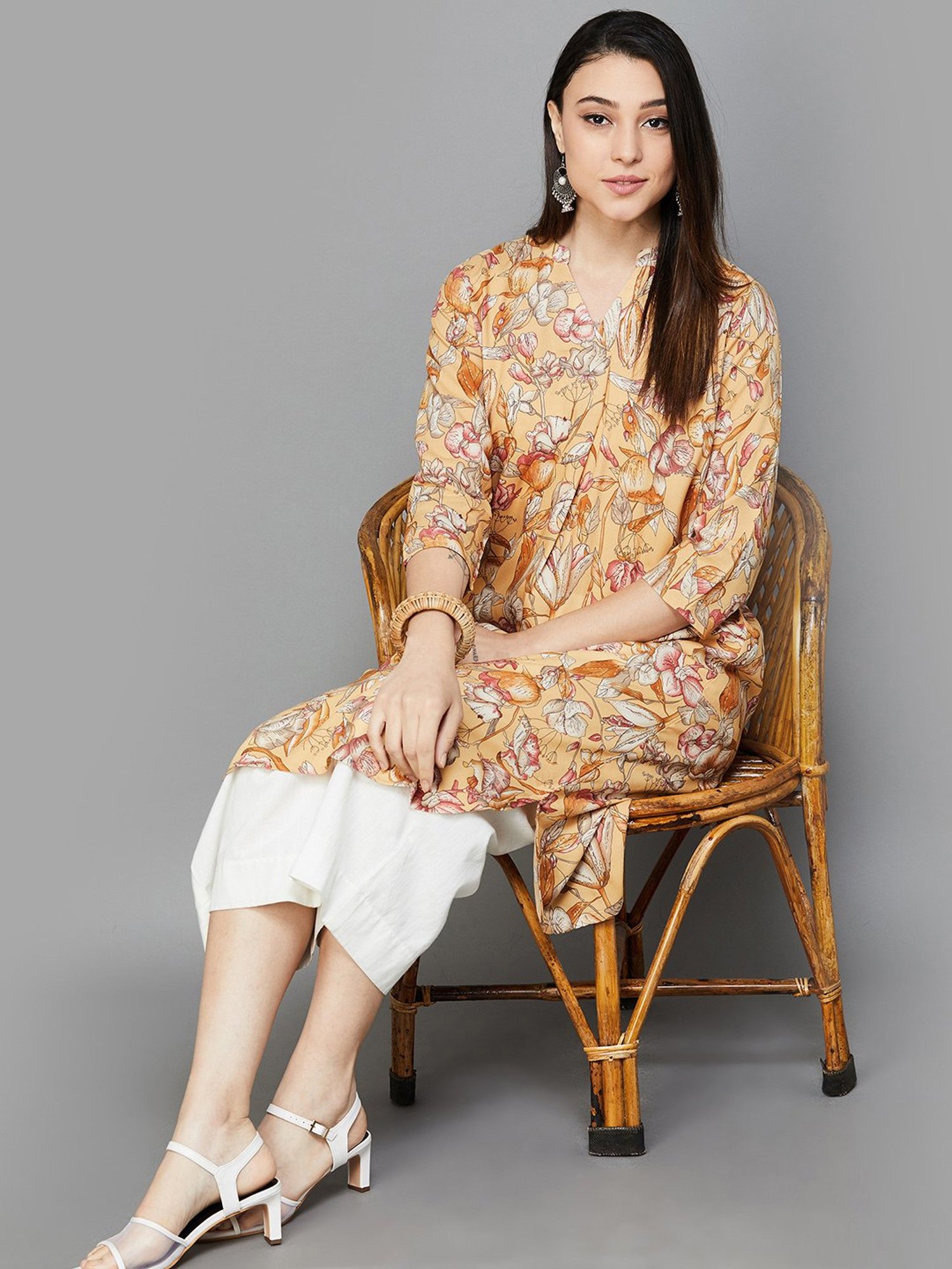 Melange by Lifestyle Mustard Rayon Floral Print Kurta