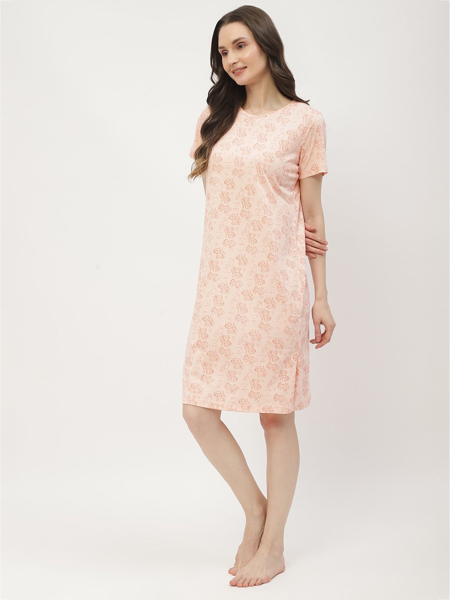 MADAME M Secret Peach Cotton Animal Print Night Dress