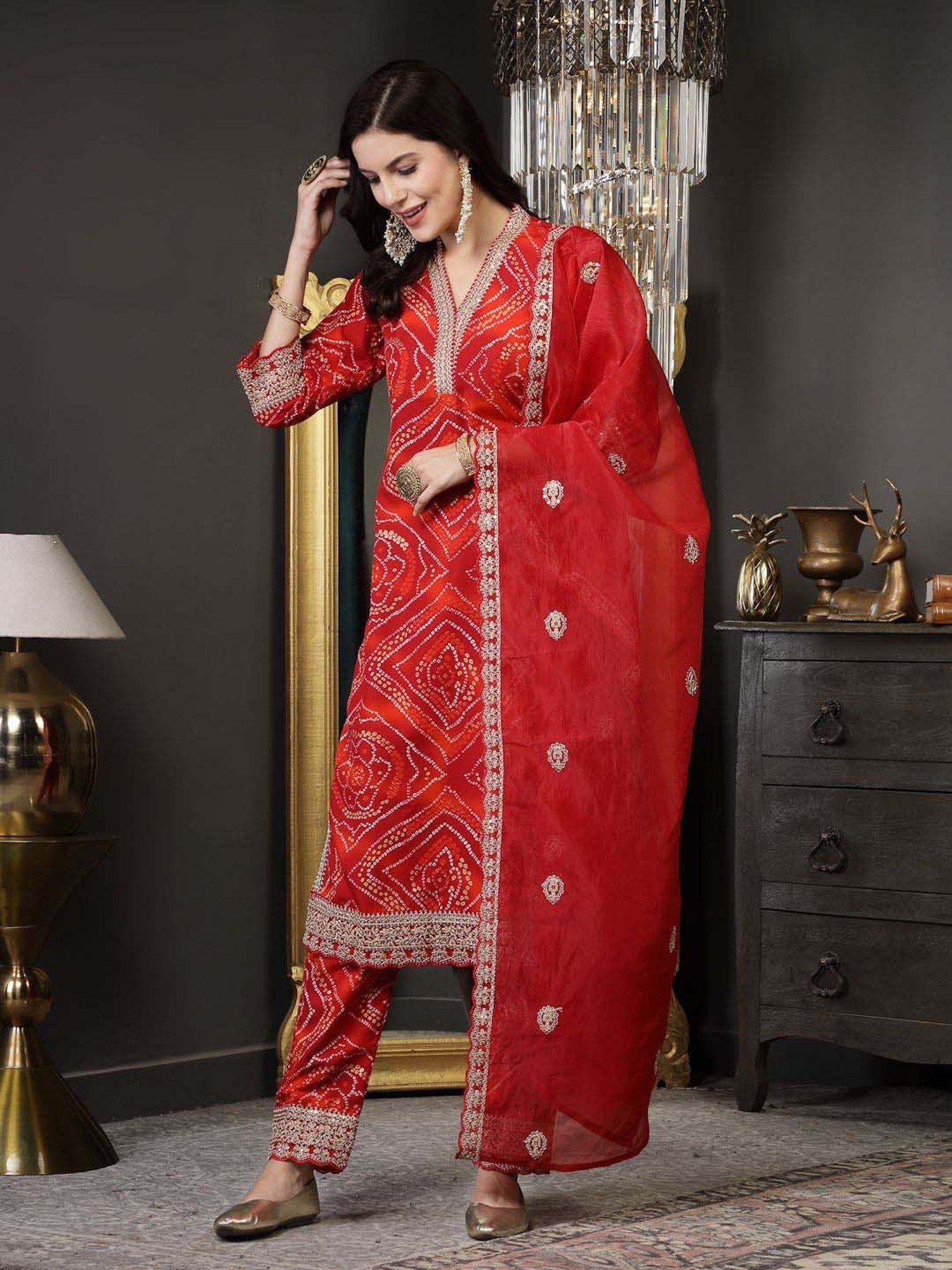 Stylum Red Printed Kurta Pant Set With Dupatta
