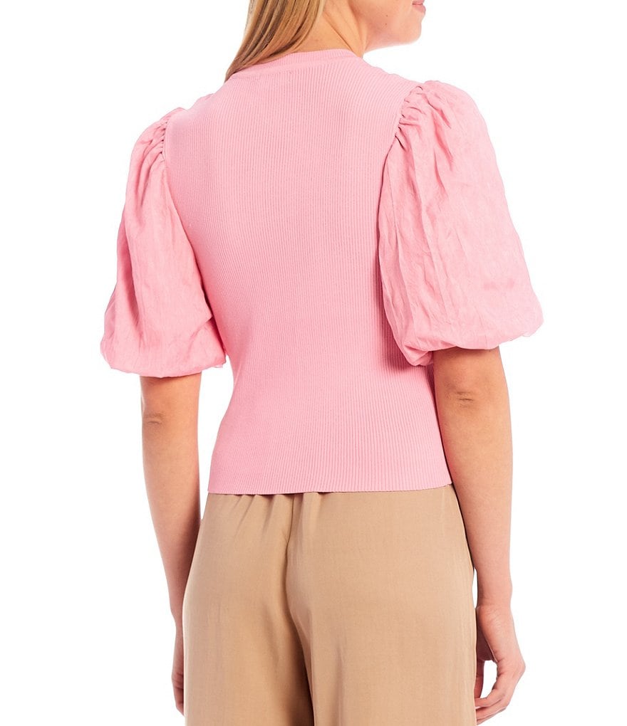 Lucy Paris Mixed Media Ribbed Knit Crew Neck Puff Short Sleeve Top