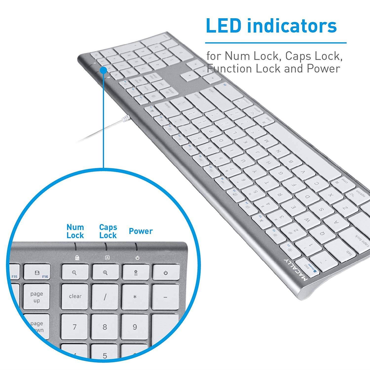 Macally Ultra-Slim USB Wired Computer Keyboard for Apple MacBook Pro/Air, iMac, Mac Mini, Mac Pro, Windows PC Laptops/Desktops and Notebooks | Plug and Play - No Drivers | Silver Finish (ACEKEYSG)