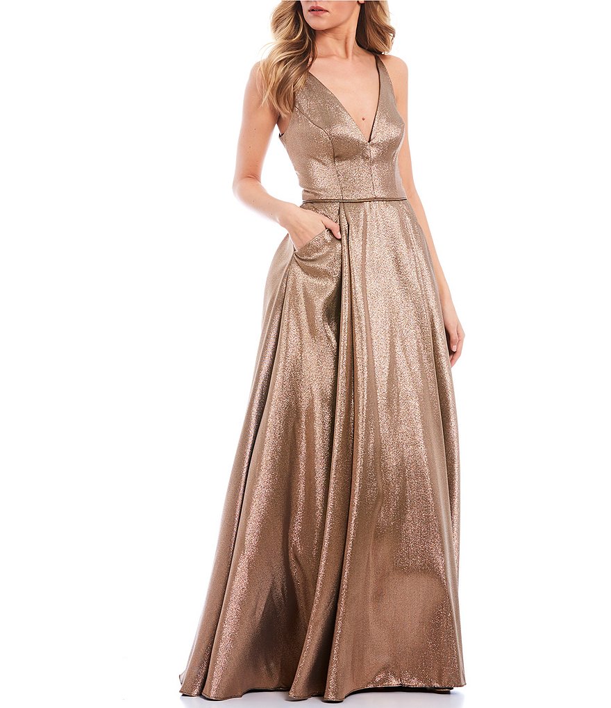 Blondie Nites Spaghetti Strap V-Neck Metallic Satin Ball Gown