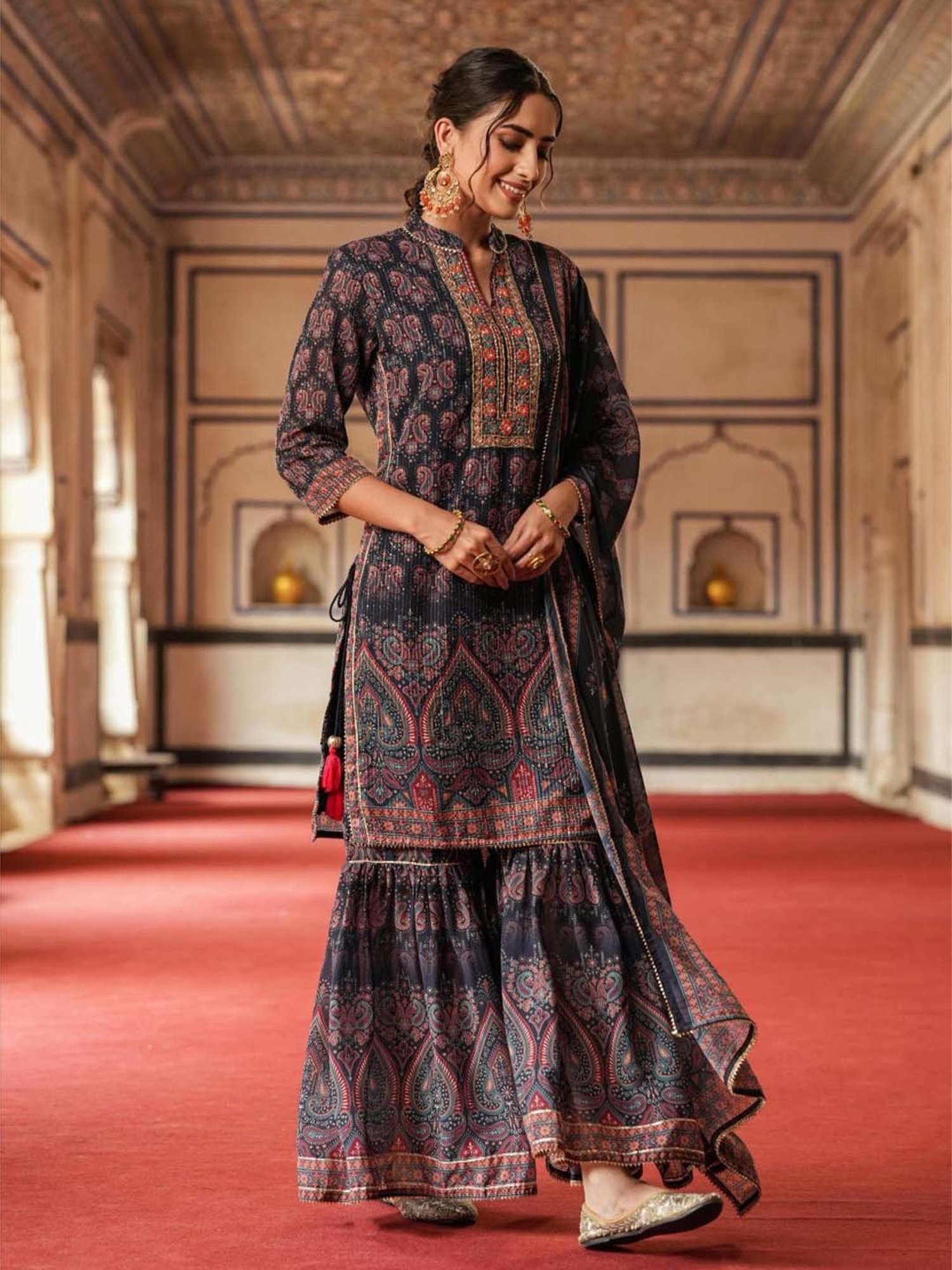 SCAKHI Navy Printed Kurti Sharara Set With Dupatta