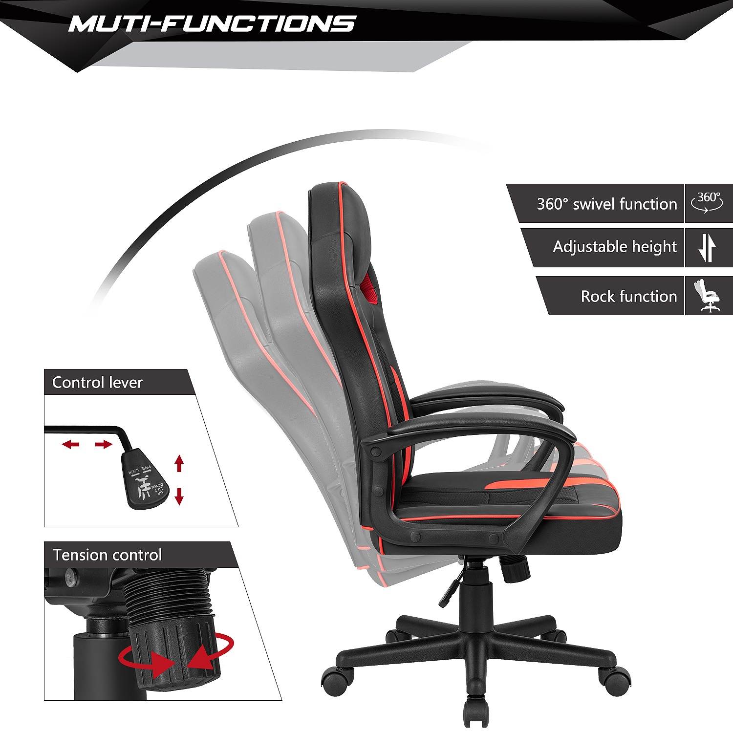 Homall Gaming Chair High-Back PU Leather Office Chair Adjustable Height Racing Style Ergonomic Computer Chair with Lumbar Support (Red)