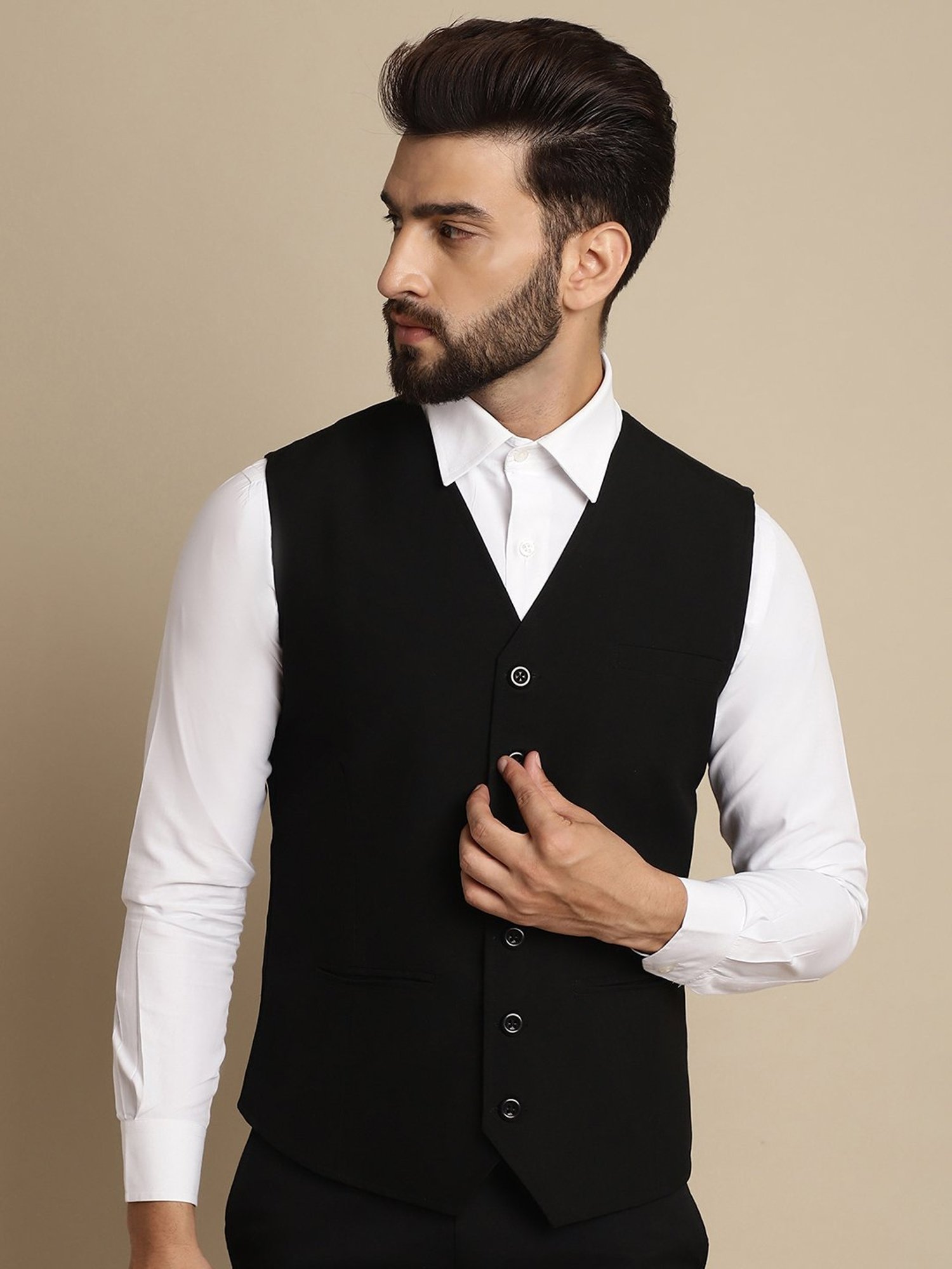 Even Black Regular Fit V Neck Waistcoat