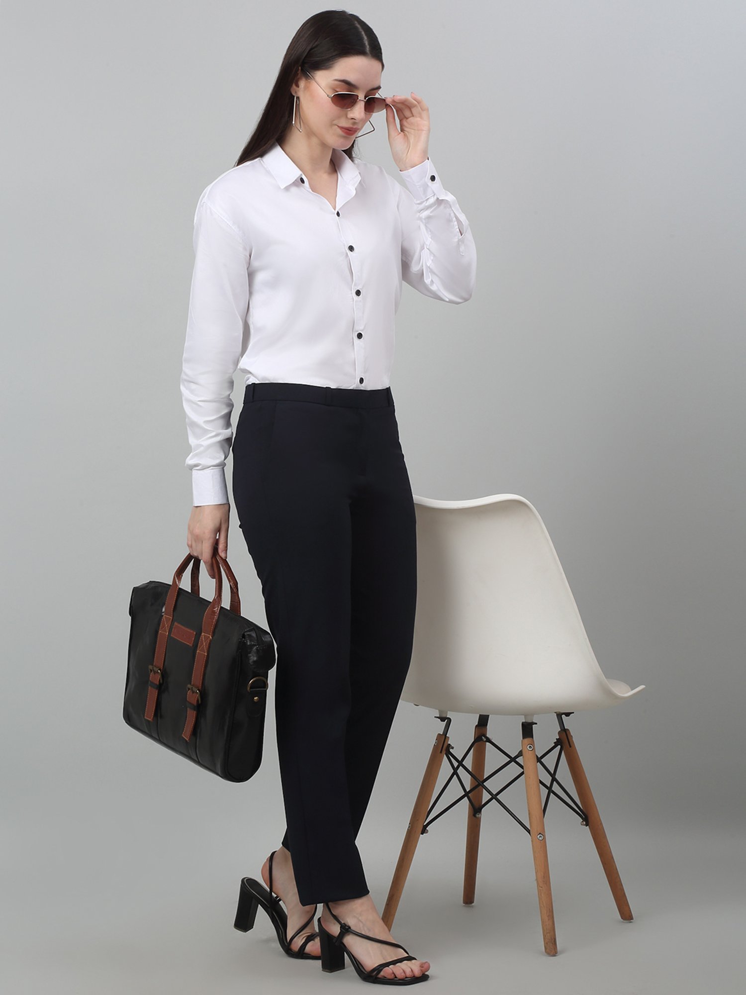 Cantabil Navy Cotton Lycra Regular Fit Mid Rise Trousers