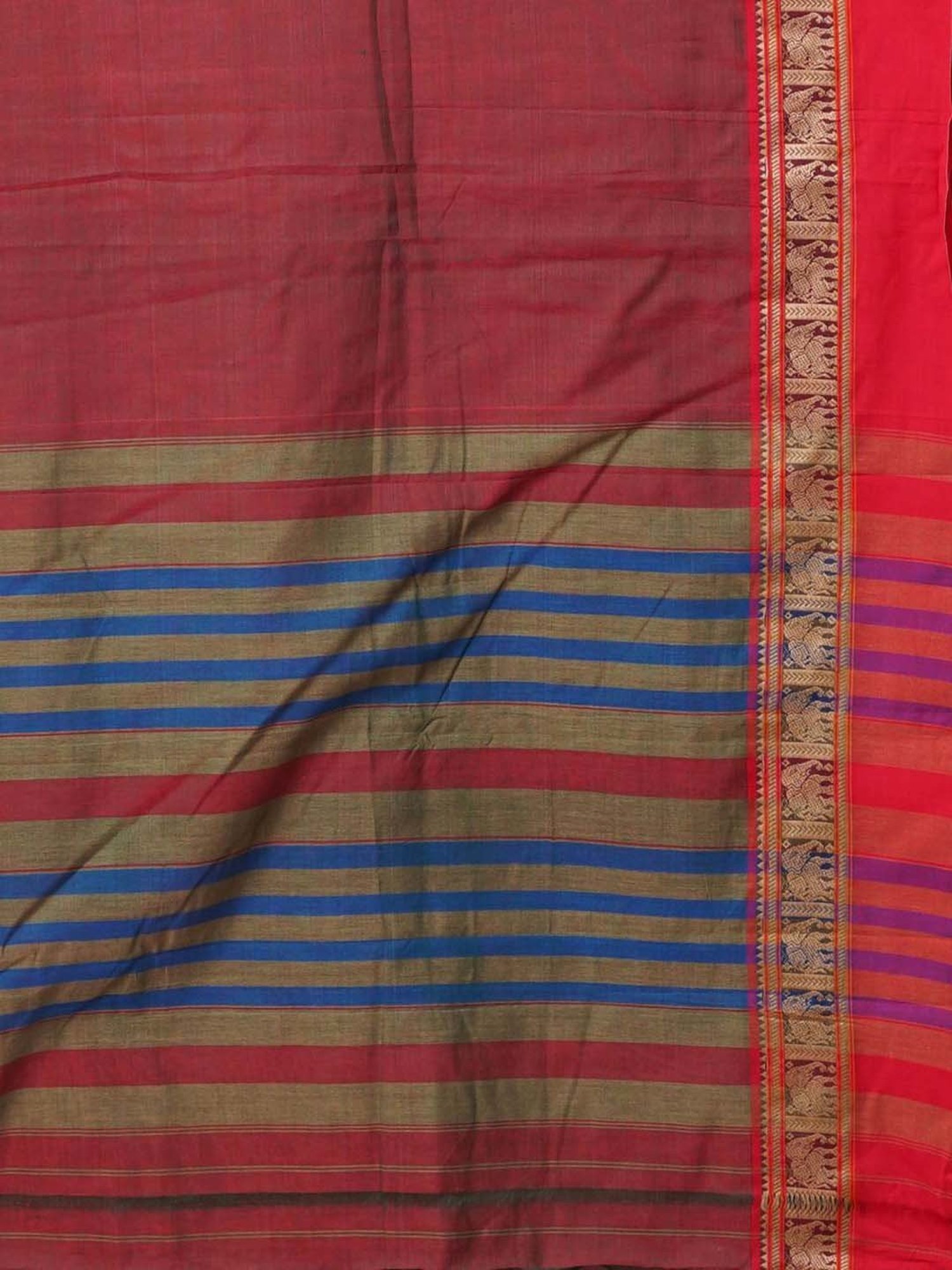 Unnati Silks Red & Green Cotton Woven Saree With Unstitched Blouse