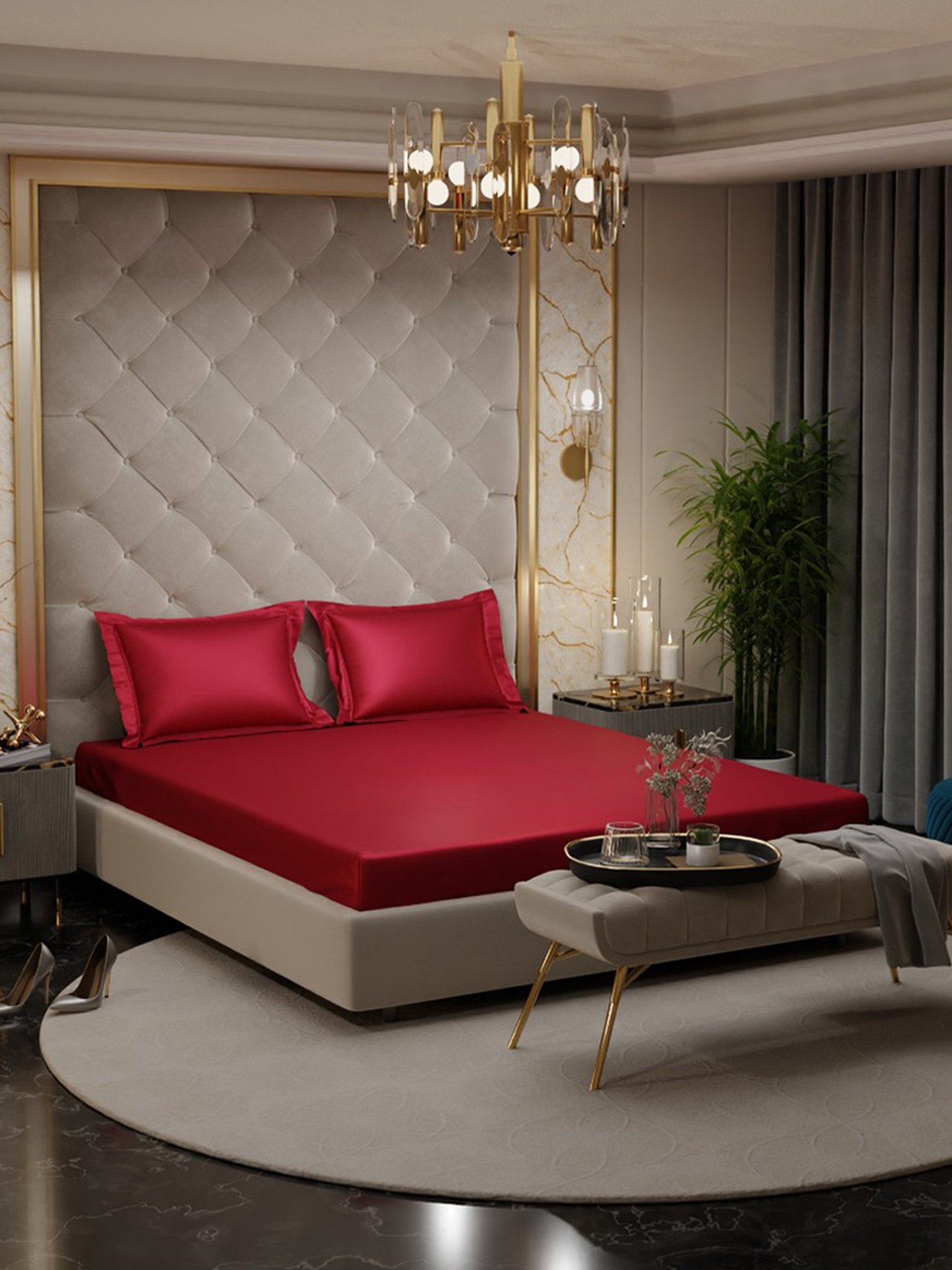 Stoa Paris Red 300 TC Polyester Double Fitted Sheet with 2 Pillow Covers