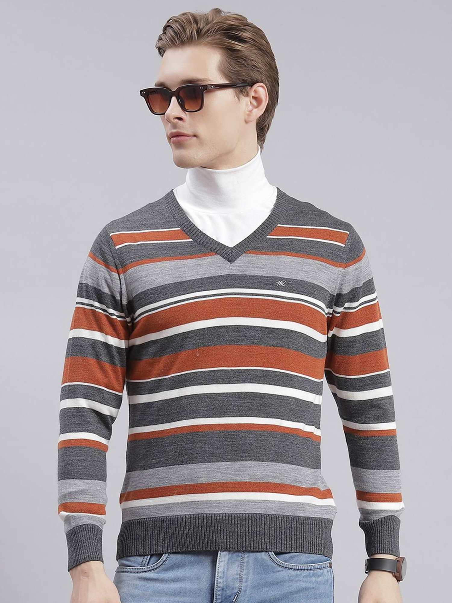 Monte Carlo Mid Grey Regular Fit Striped Sweater