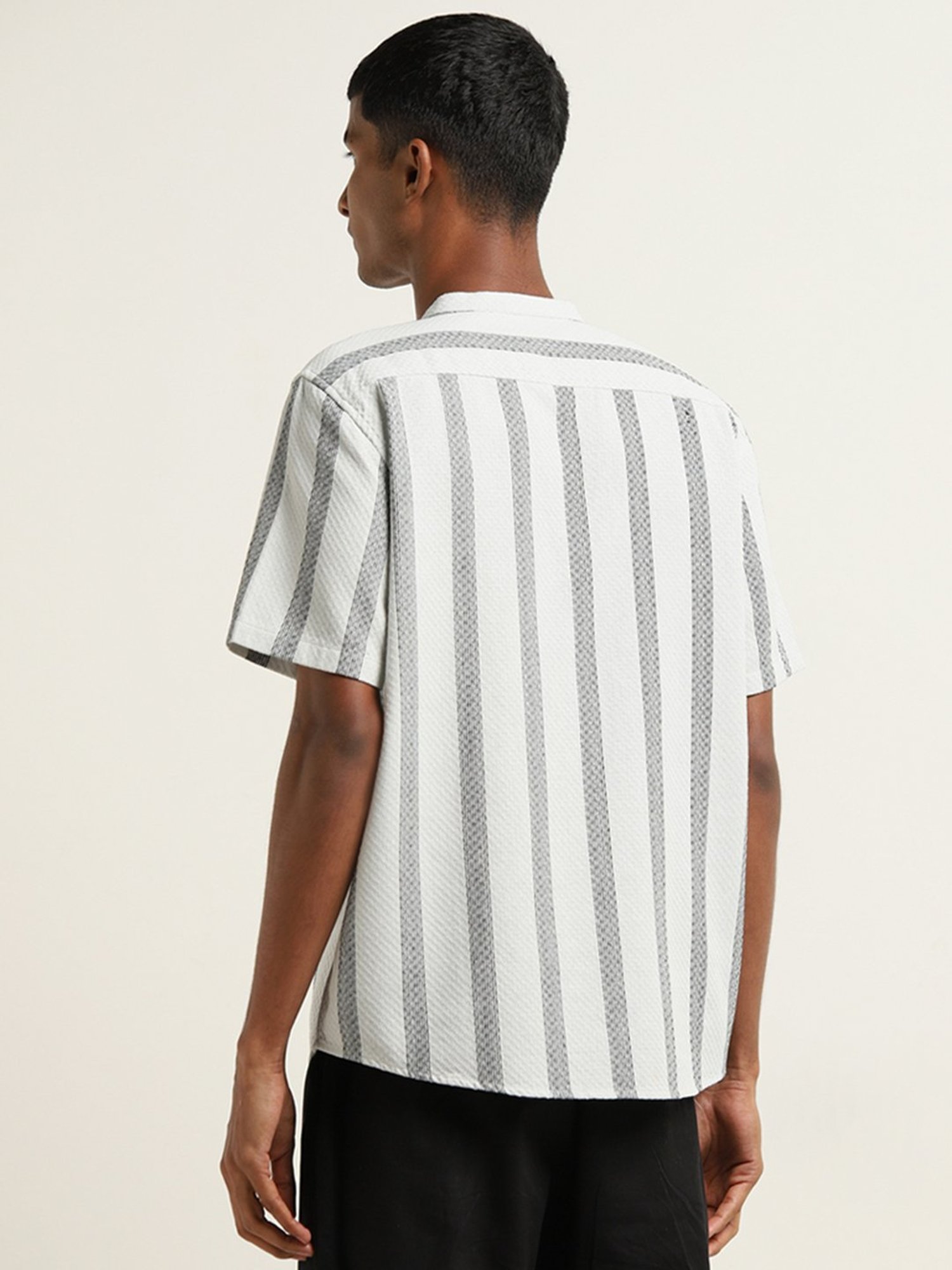 ETA by Westside Grey Striped Design Resort-Fit Cotton Shirt