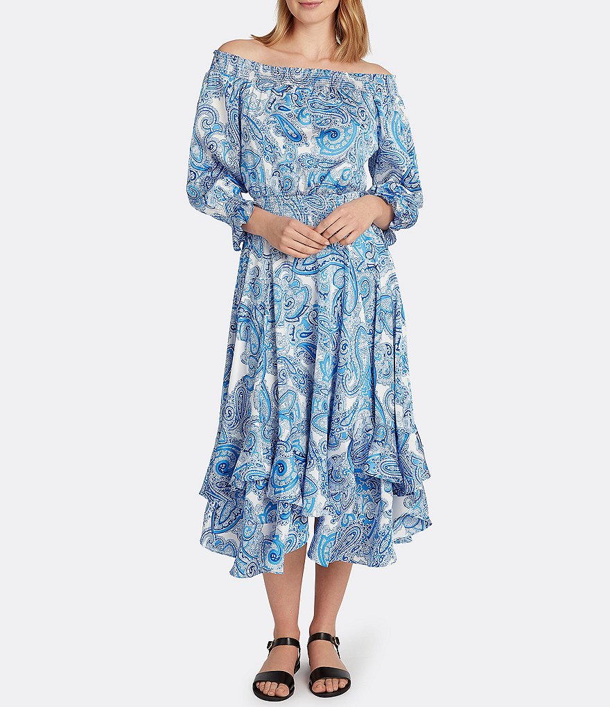 Tahari ASL Off-the-Shoulder Paisley Satin Midi Dress