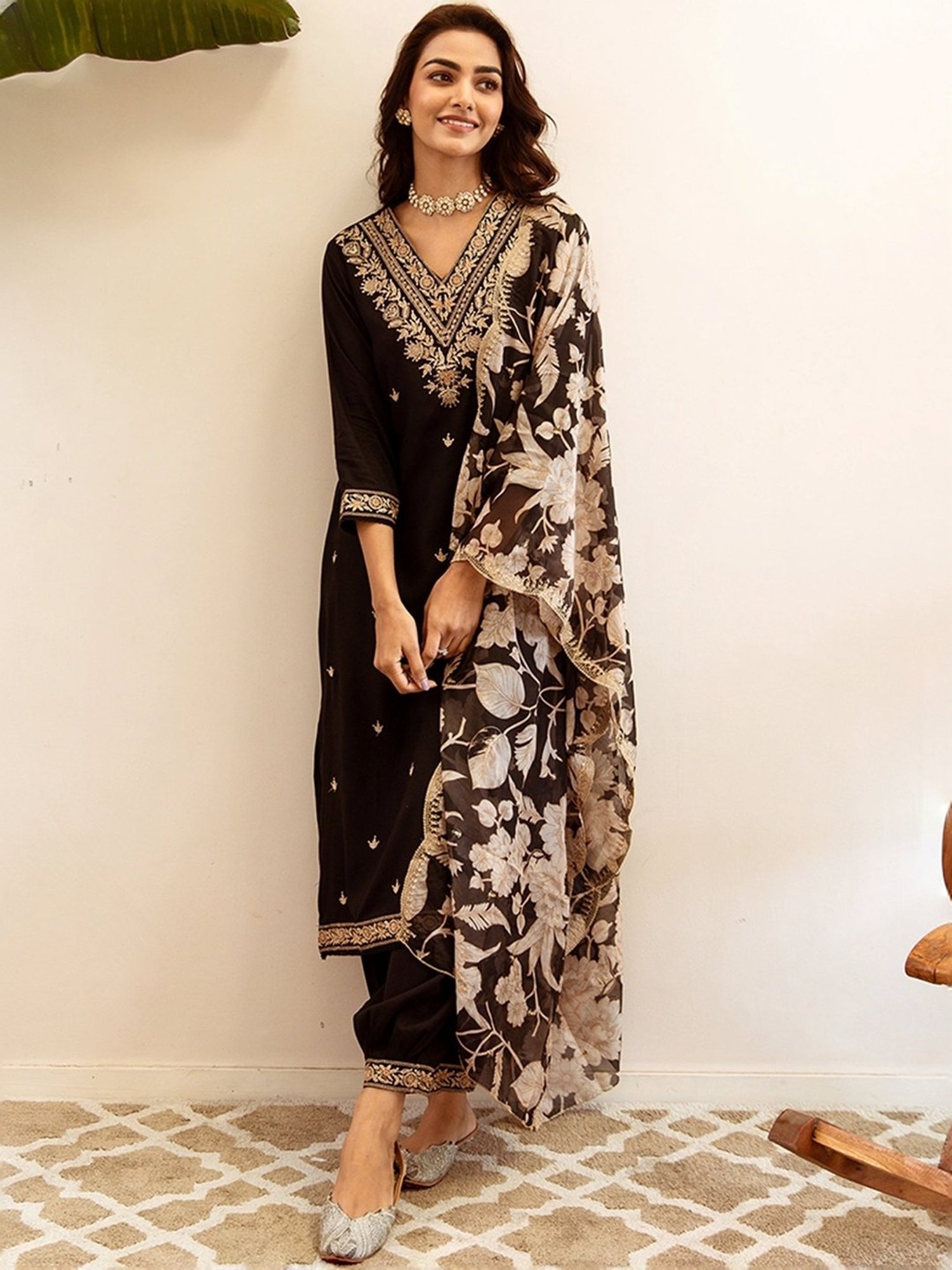 Indo Era Black Embroidered Kurta Salwar Set With Dupatta