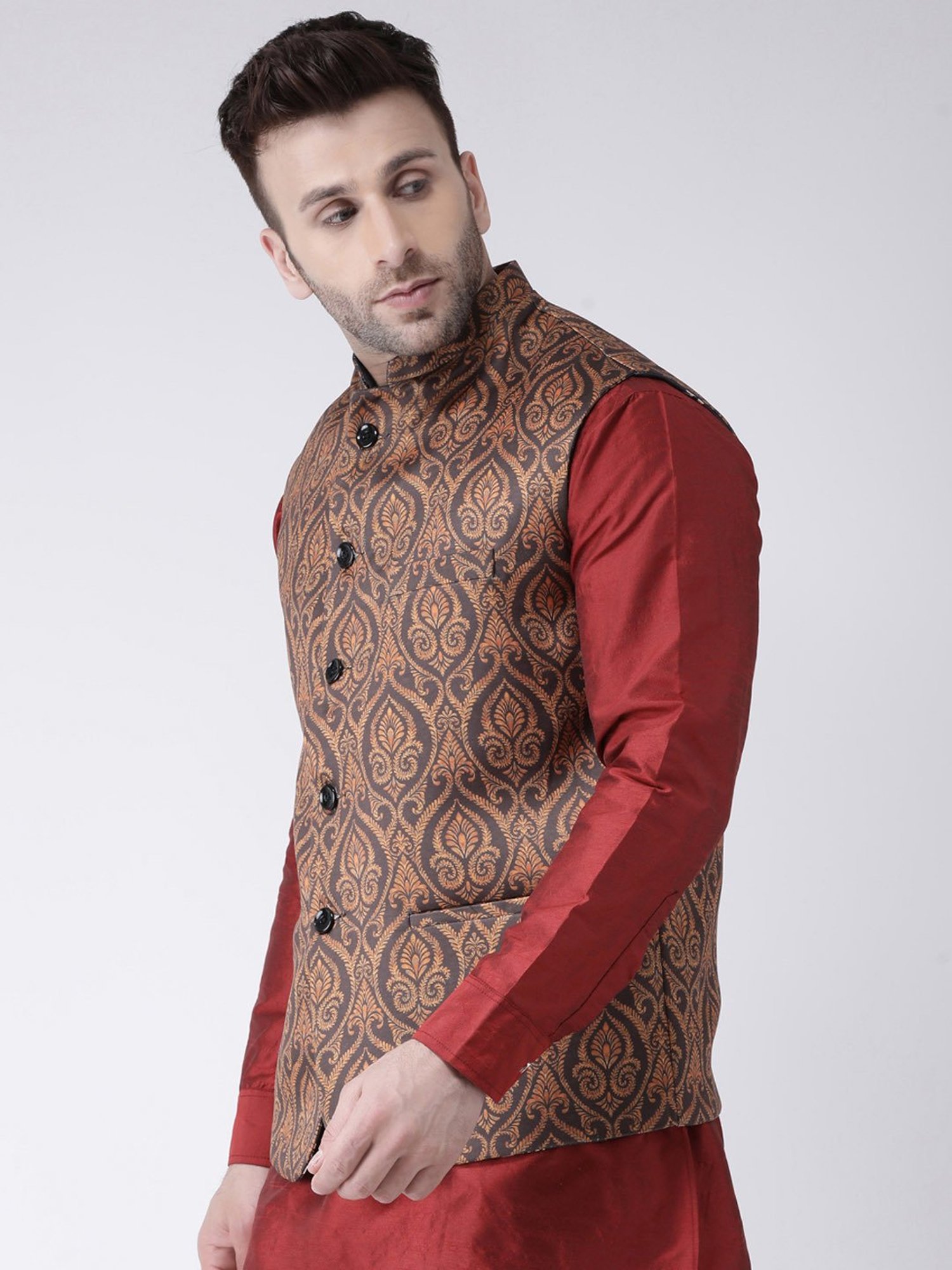 Hangup Plus Brown Regular Fit Printed Nehru Jacket