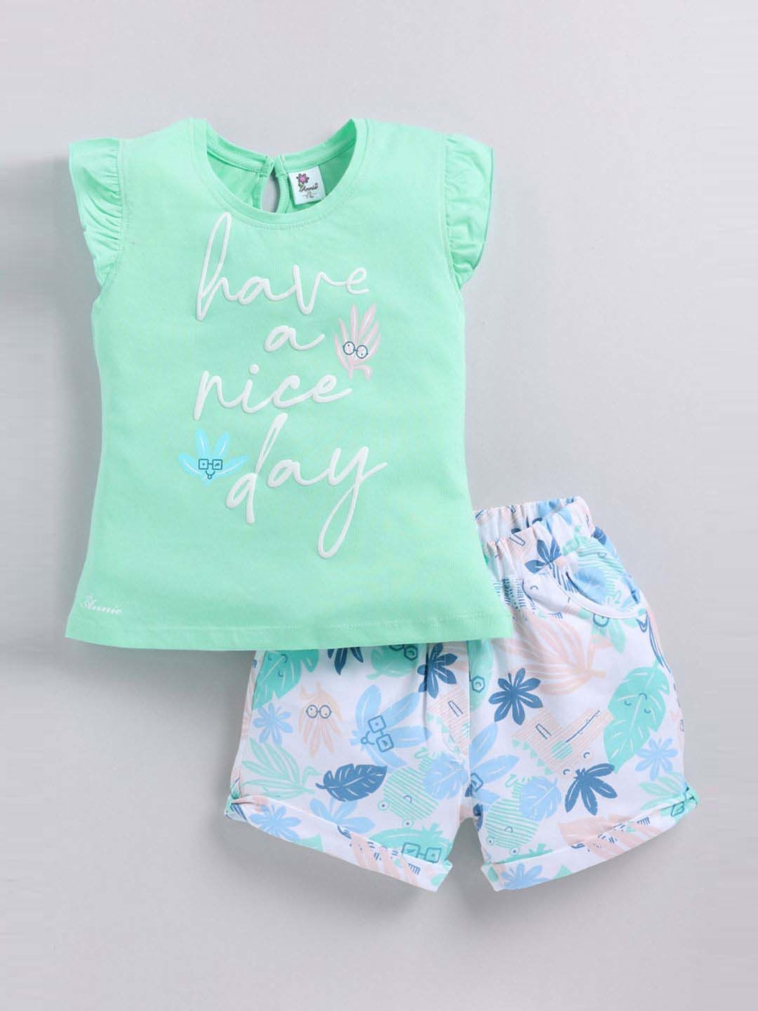 ANNIE Girls Green & Blue Cotton Printed Top & Short sets