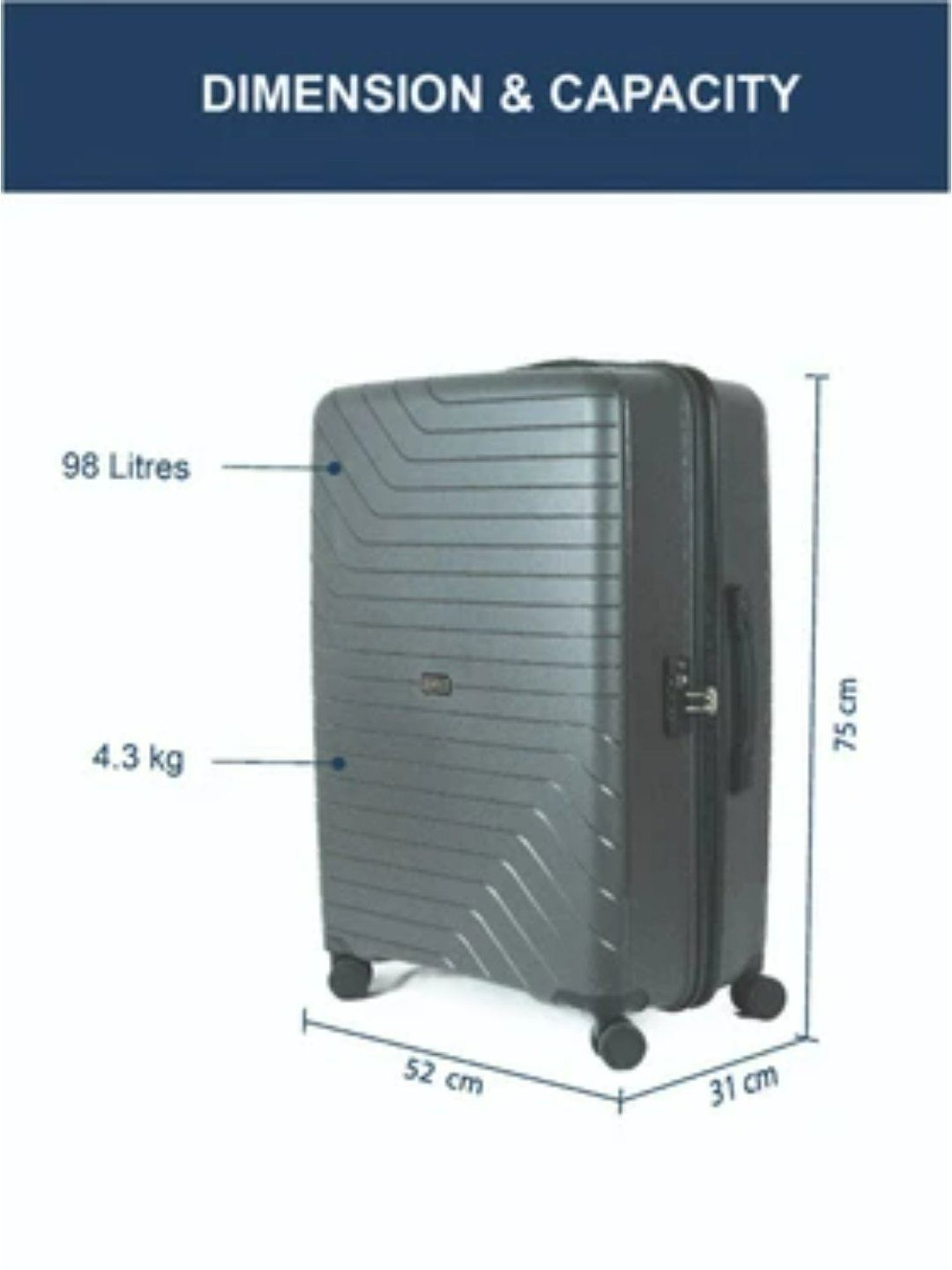 Carriall Grey 8 Wheel Large Hard Checked Luggage - 52 cm
