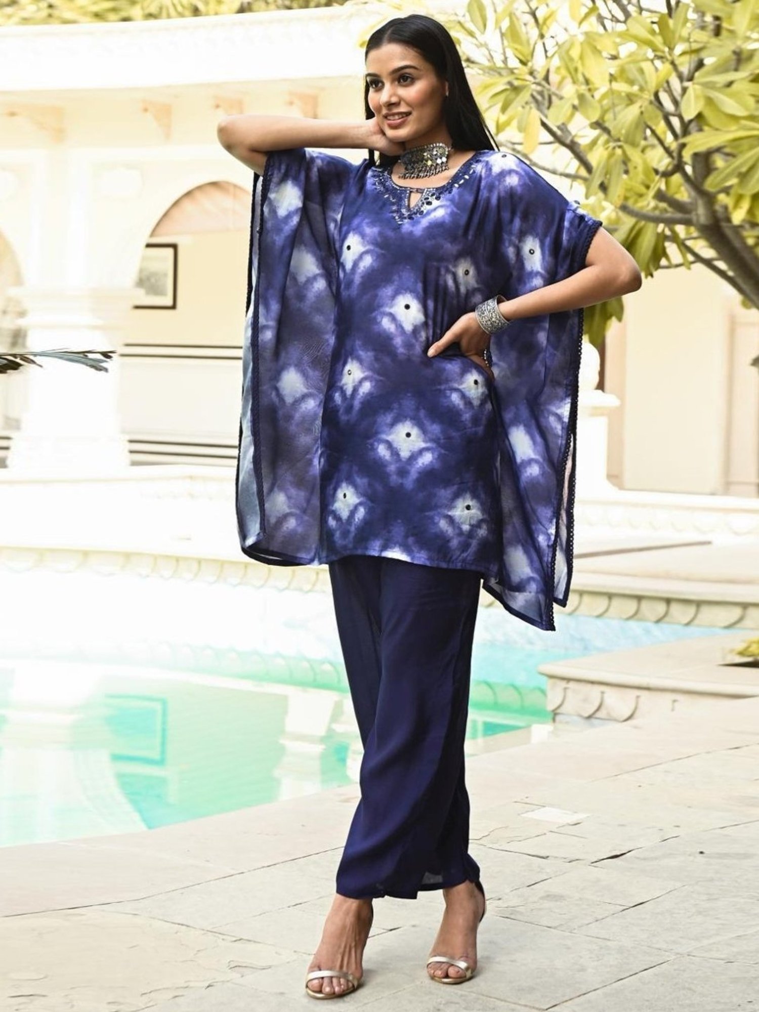Mahee Jaipur Blue Tie & Dye Mulsin Kaftan with Pant Co-ord Set