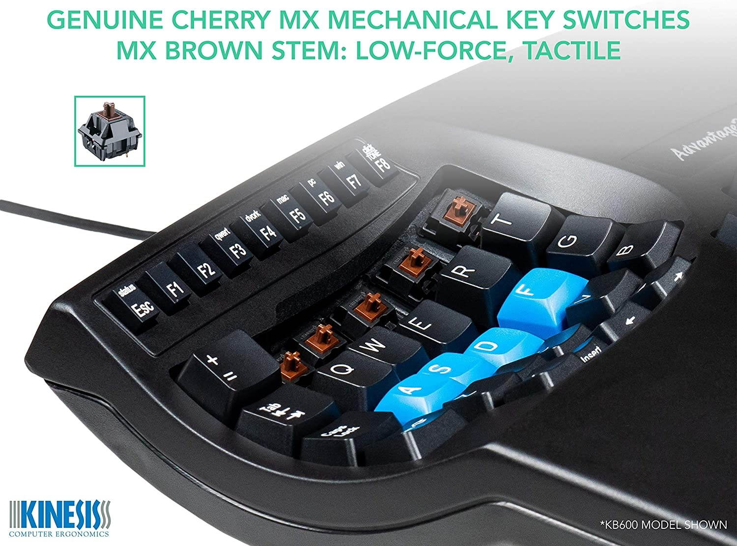 Kinesis Advantage2 Ergonomic Keyboard (KB600), Black top case, Cherry MX Brown Switches, QWERTY keycaps