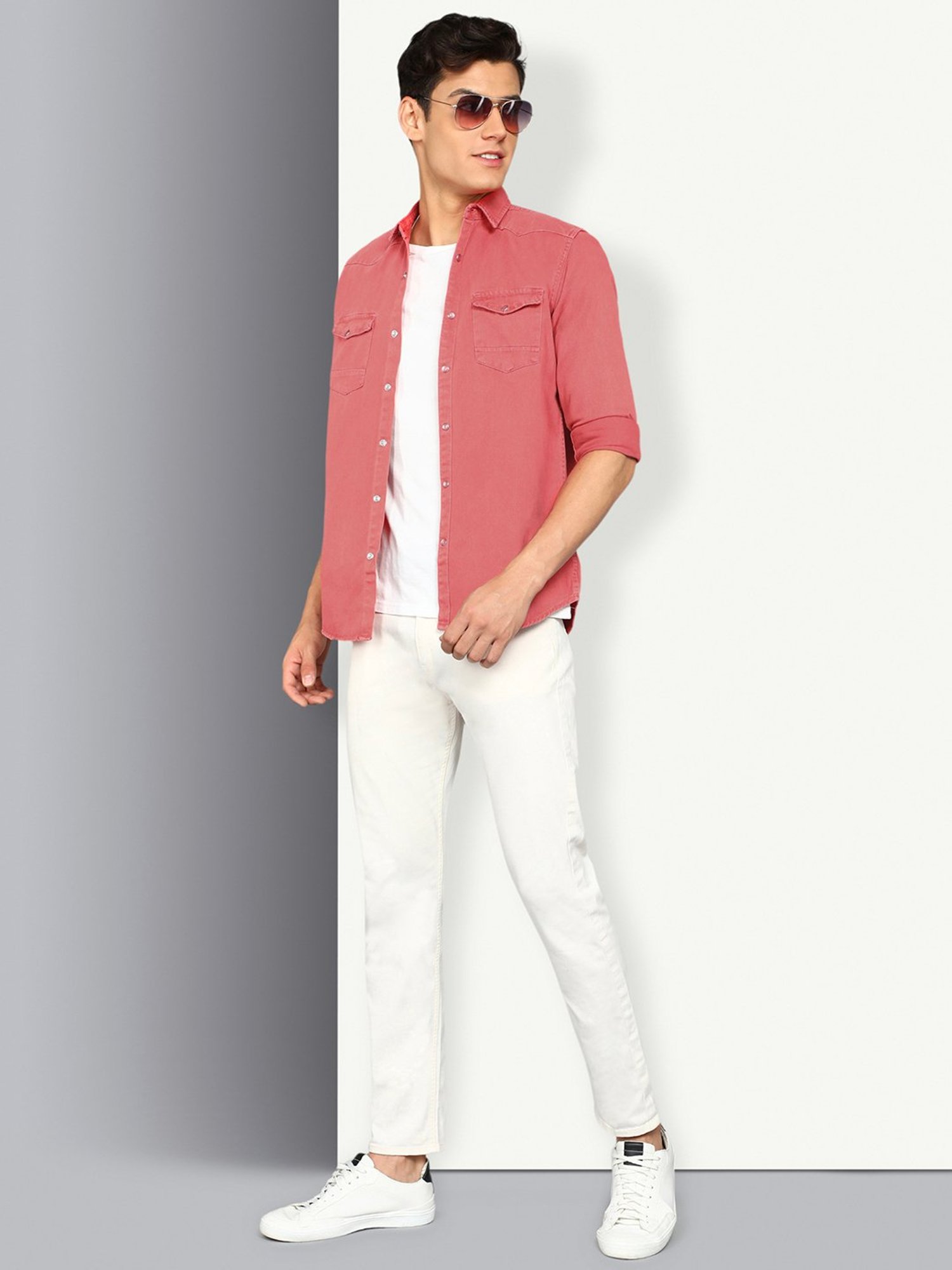 Kuons Avenue Dusty Pink Slim Fit Denim Shirt
